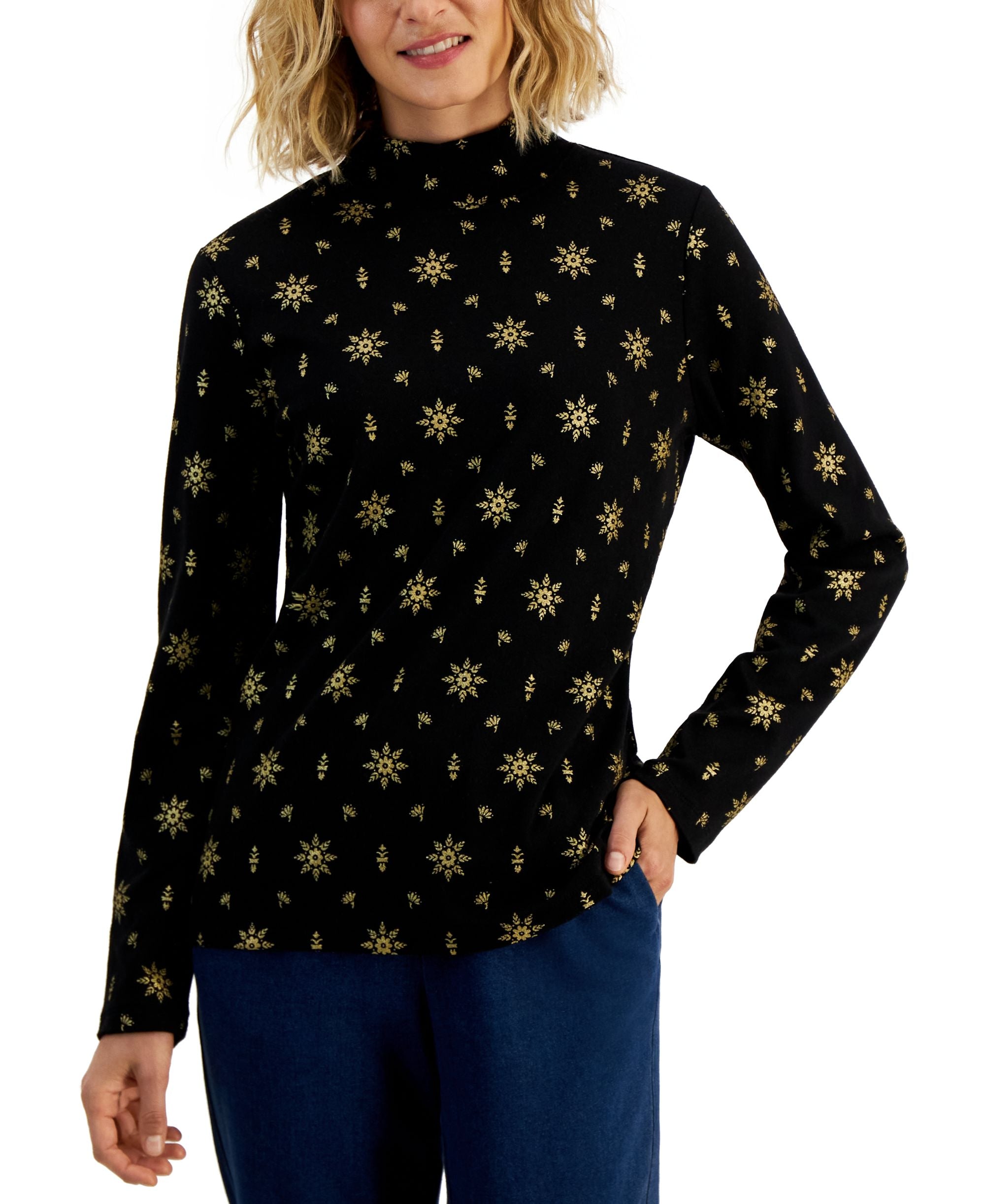 Karen Scott Womens Glitter Snowflake Mock Neck Top