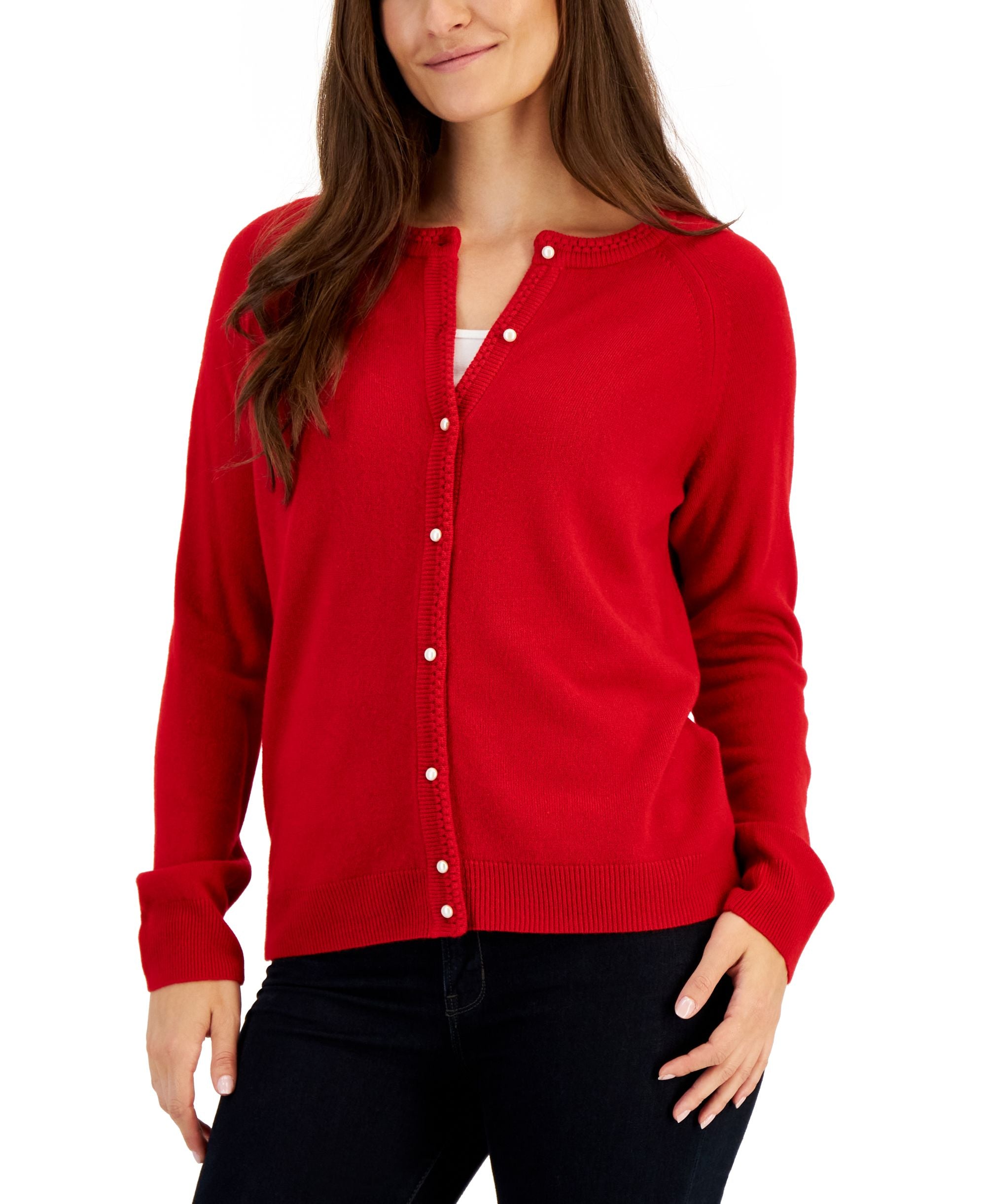 Women's Pearlized Button Crewneck Cardigan