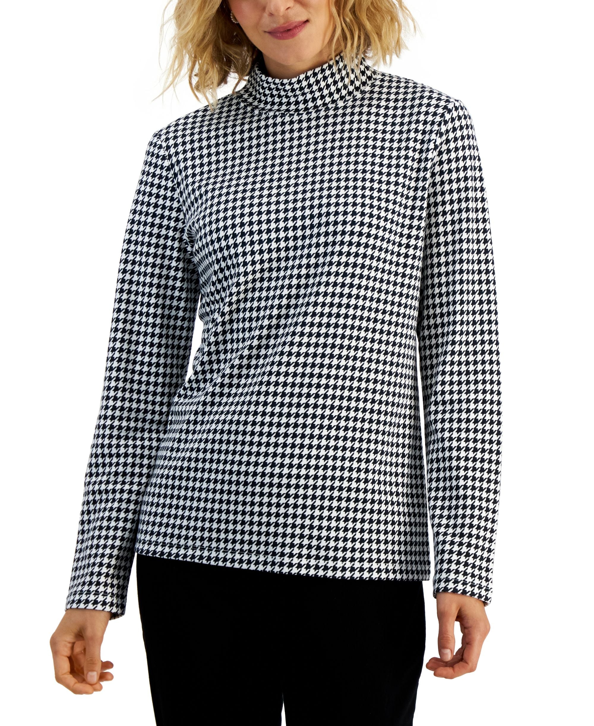 Karen Scott Womens Houndstooth Print Mock Neck Top