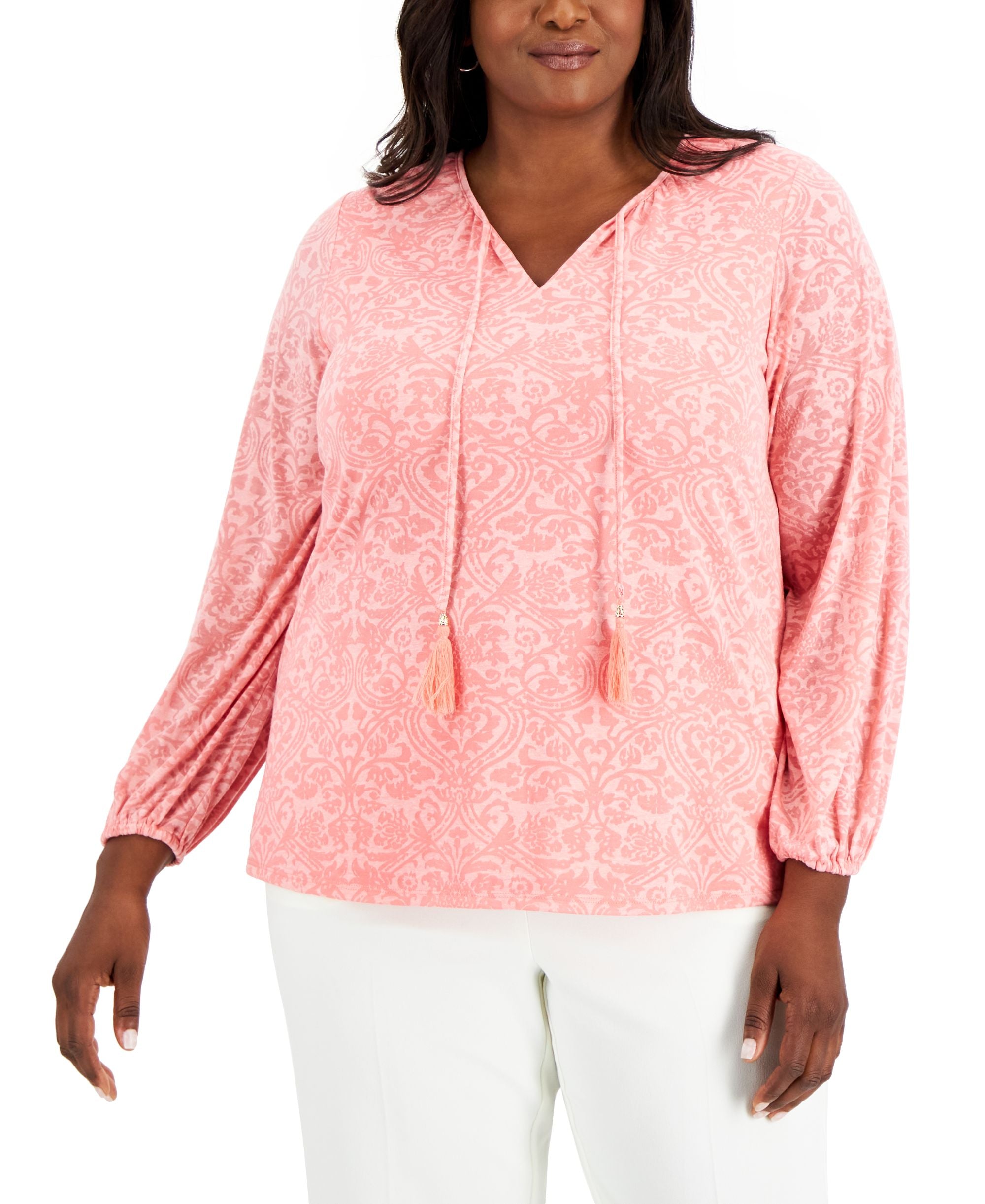 JM Collection Plus Size Printed V Neck Top