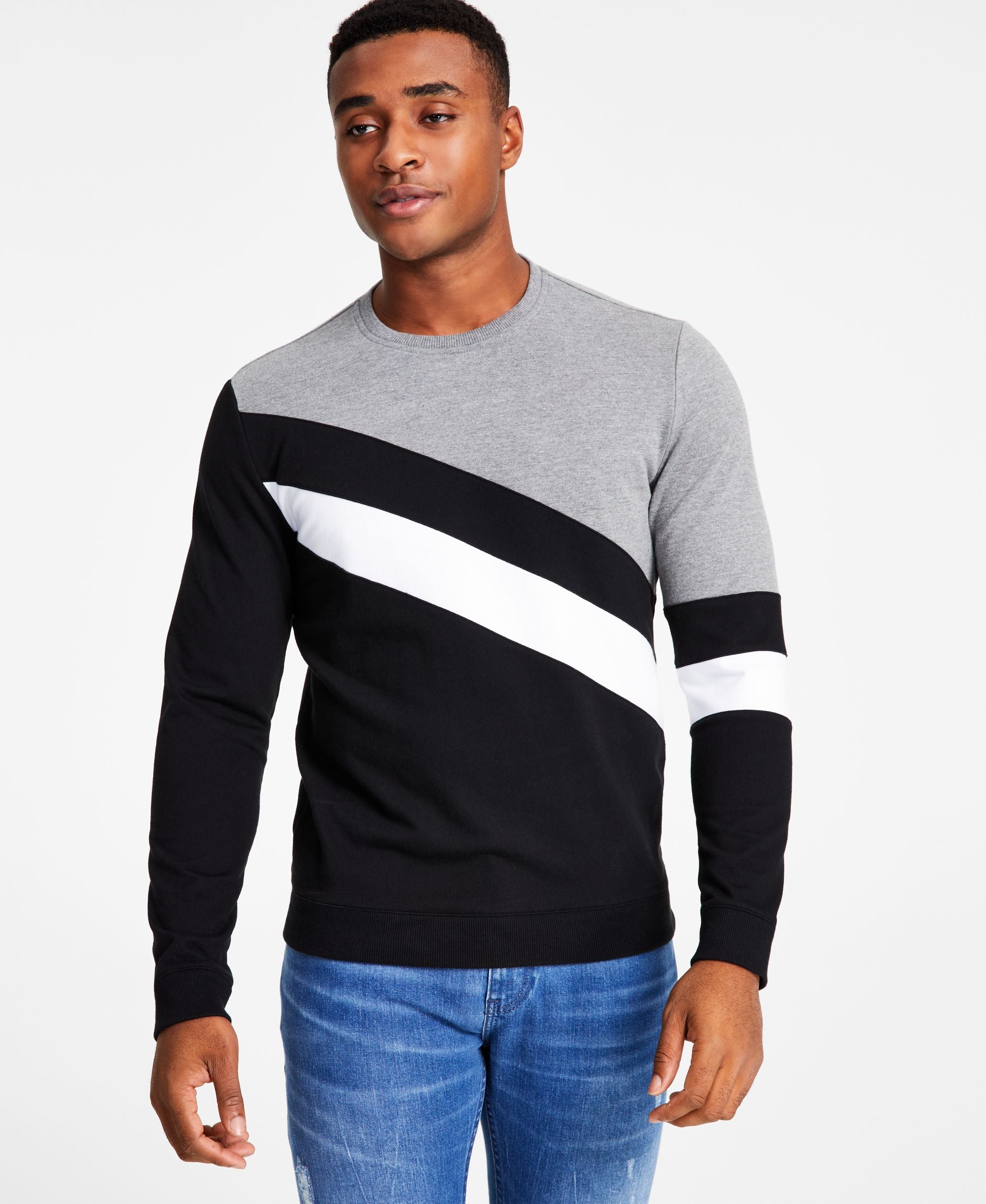 INC International Concepts Mens Chevron Regular Fit Pieced Colorblocked Sweatshirt