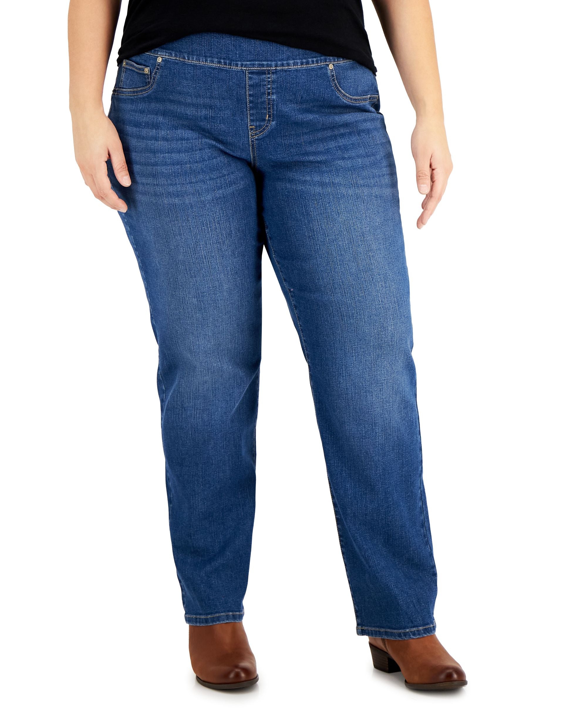 Plus Size Mid-Rise Pull On Straight Leg Jeans