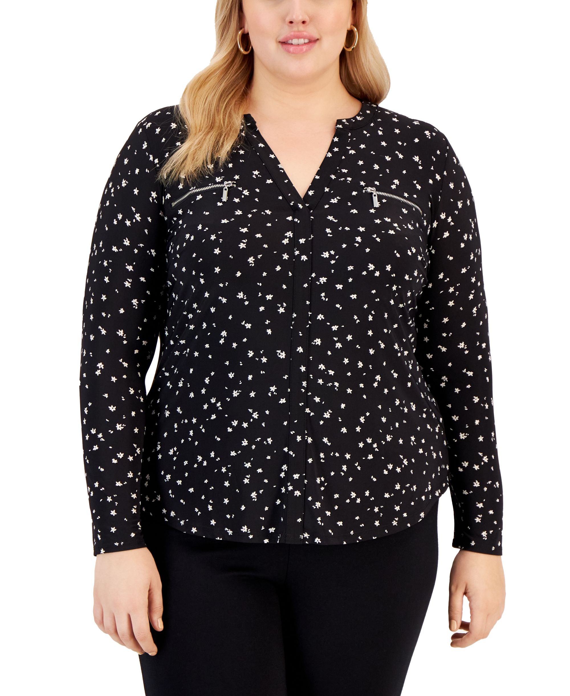 International Concepts Plus Size Printed Zip Pocket Top