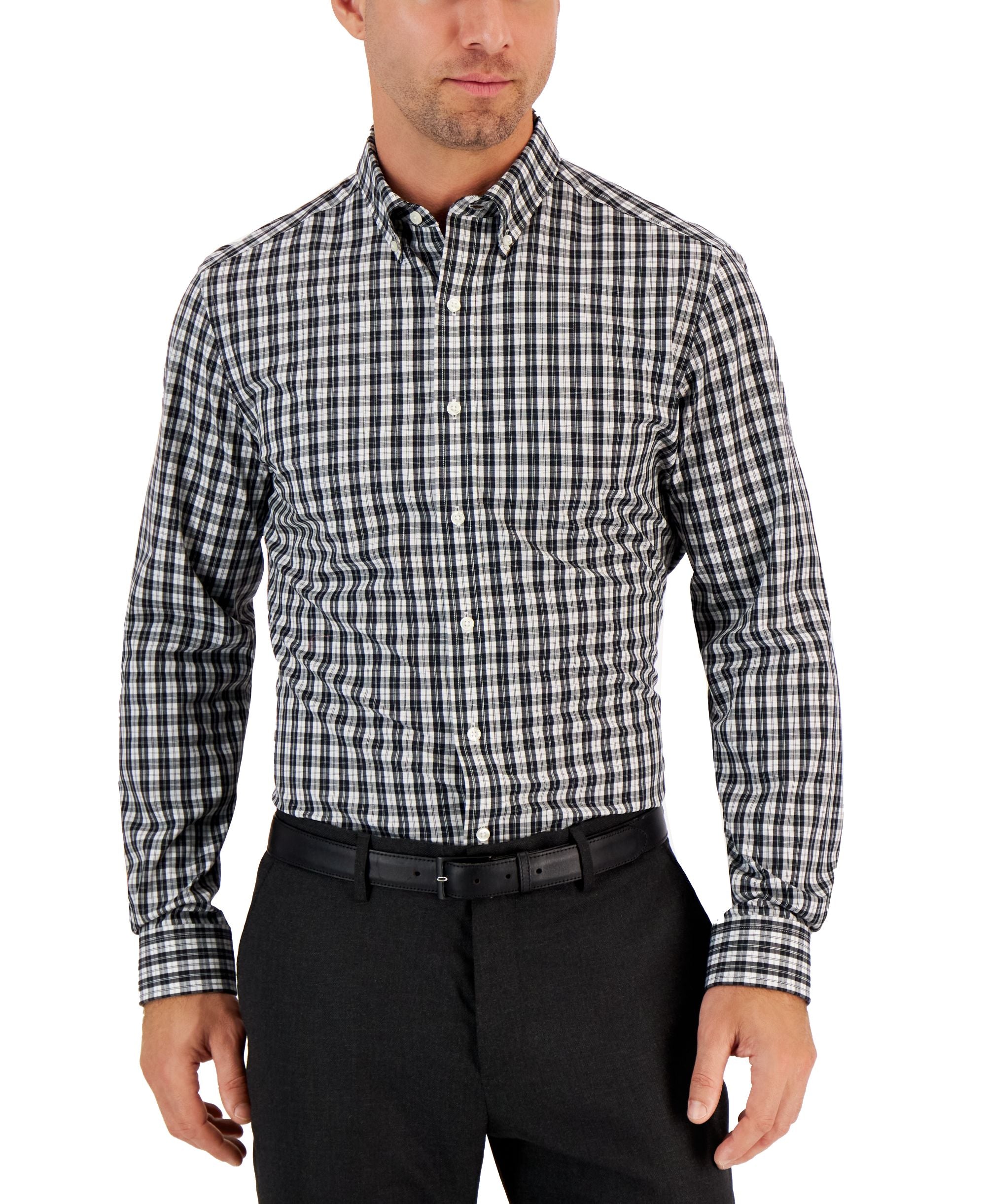 Club Room Mens Moral Slim Fit Plaid Button Down Performance Dress Shirt