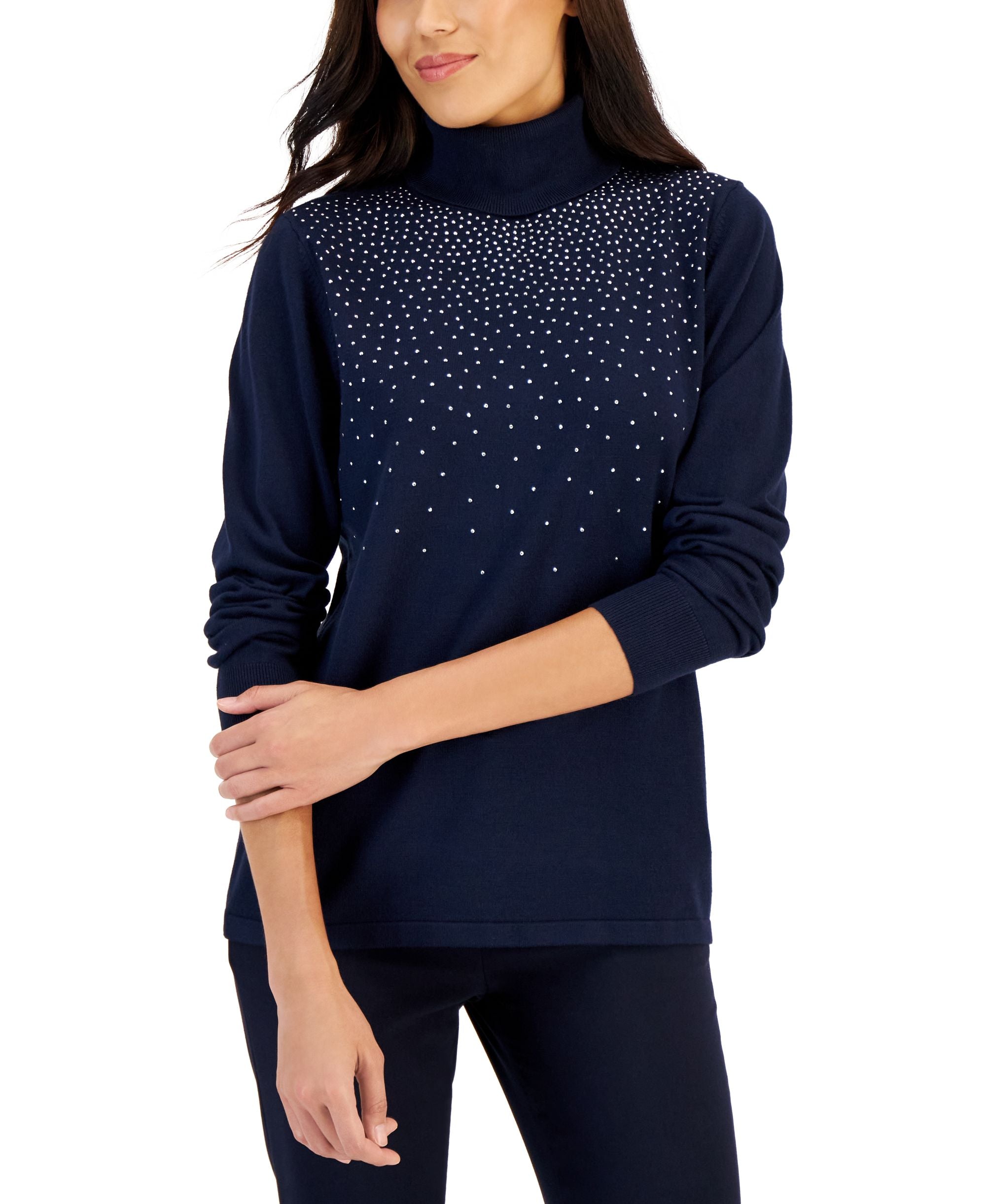 Karen Scott Womens Embellished Turtleneck Sweater
