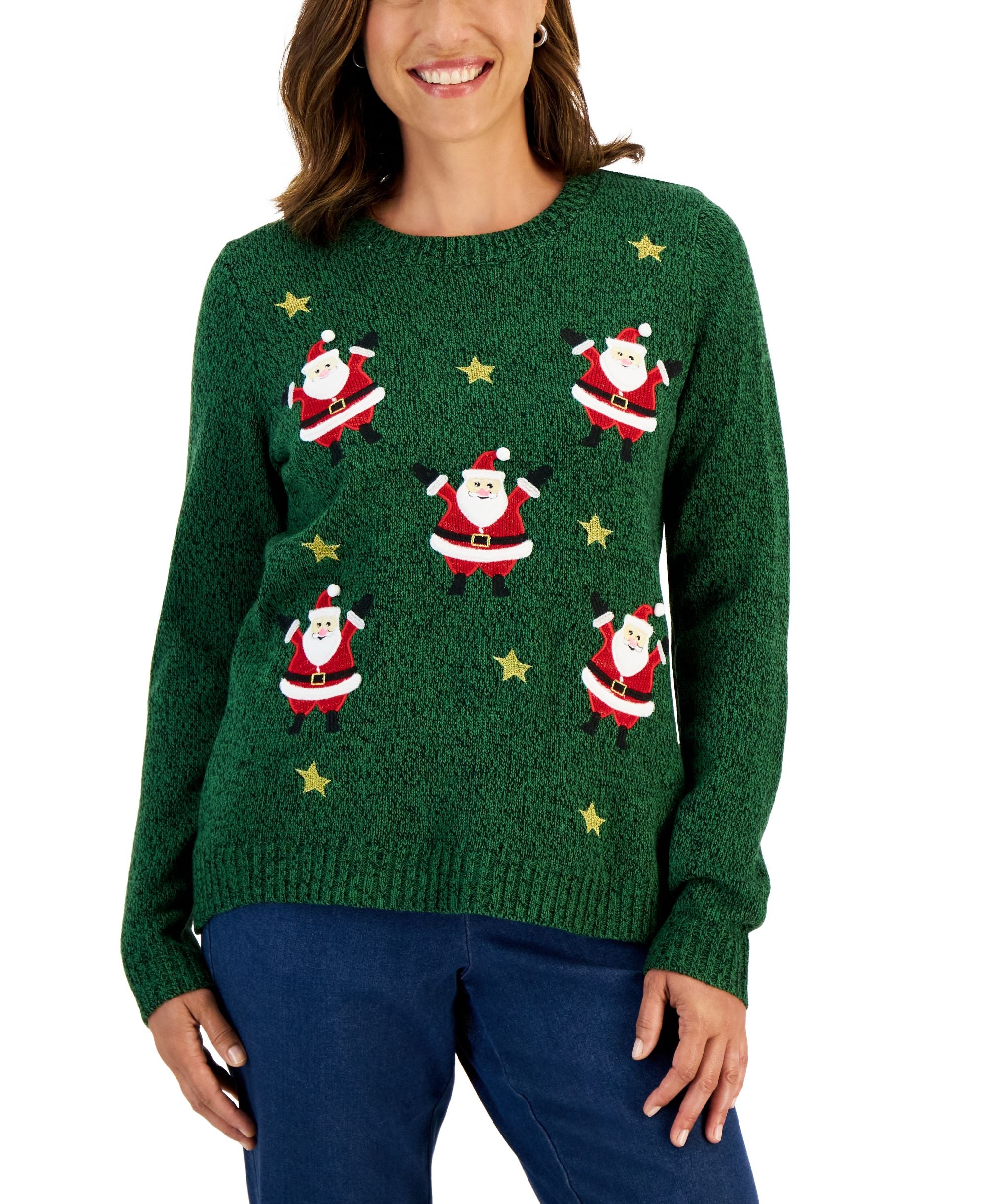 Karen Scott Womens Mini Santa Metallic Graphic Sweater