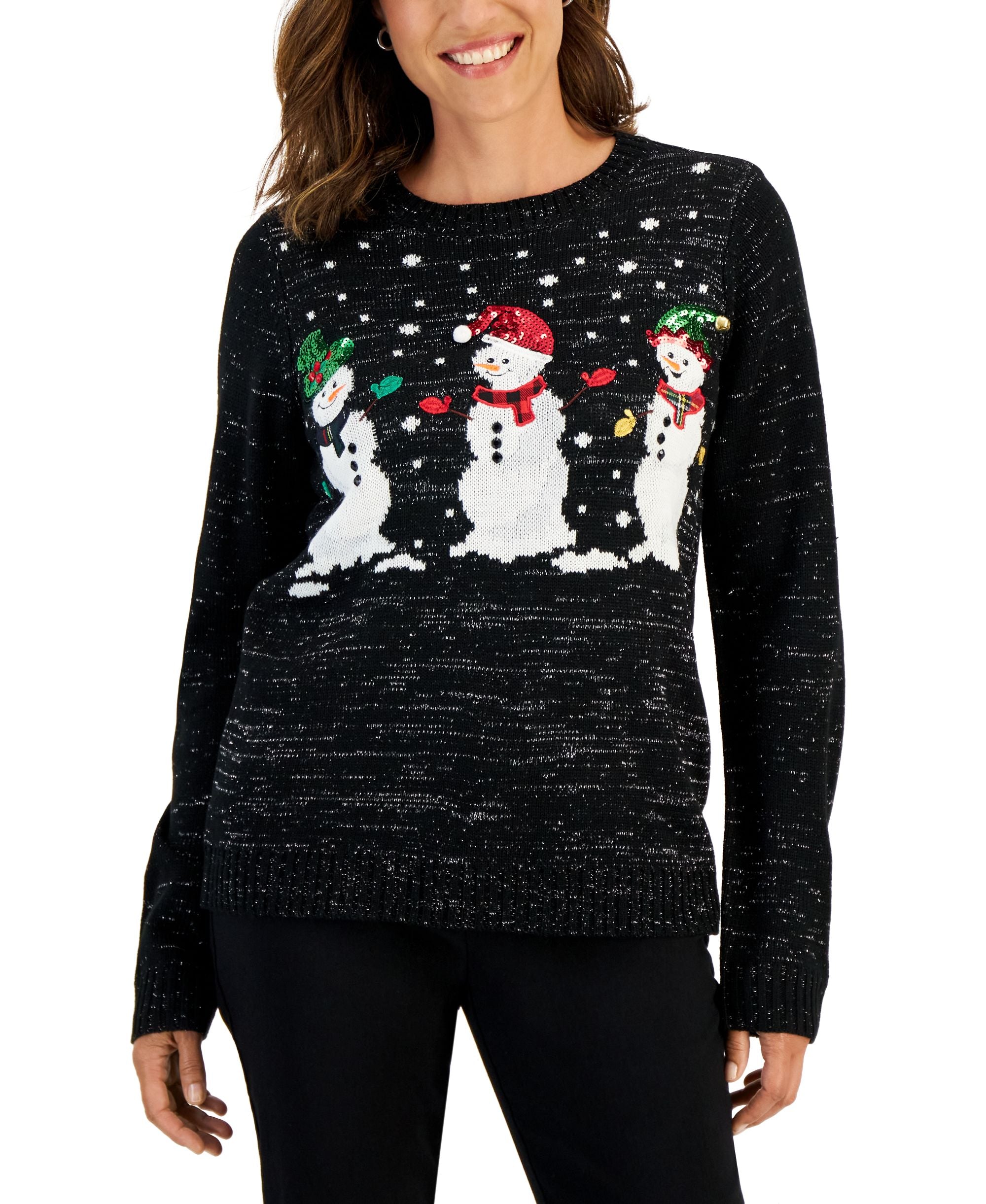 Karen Scott Womens Snowman Trio Embellished Graphic Sweater