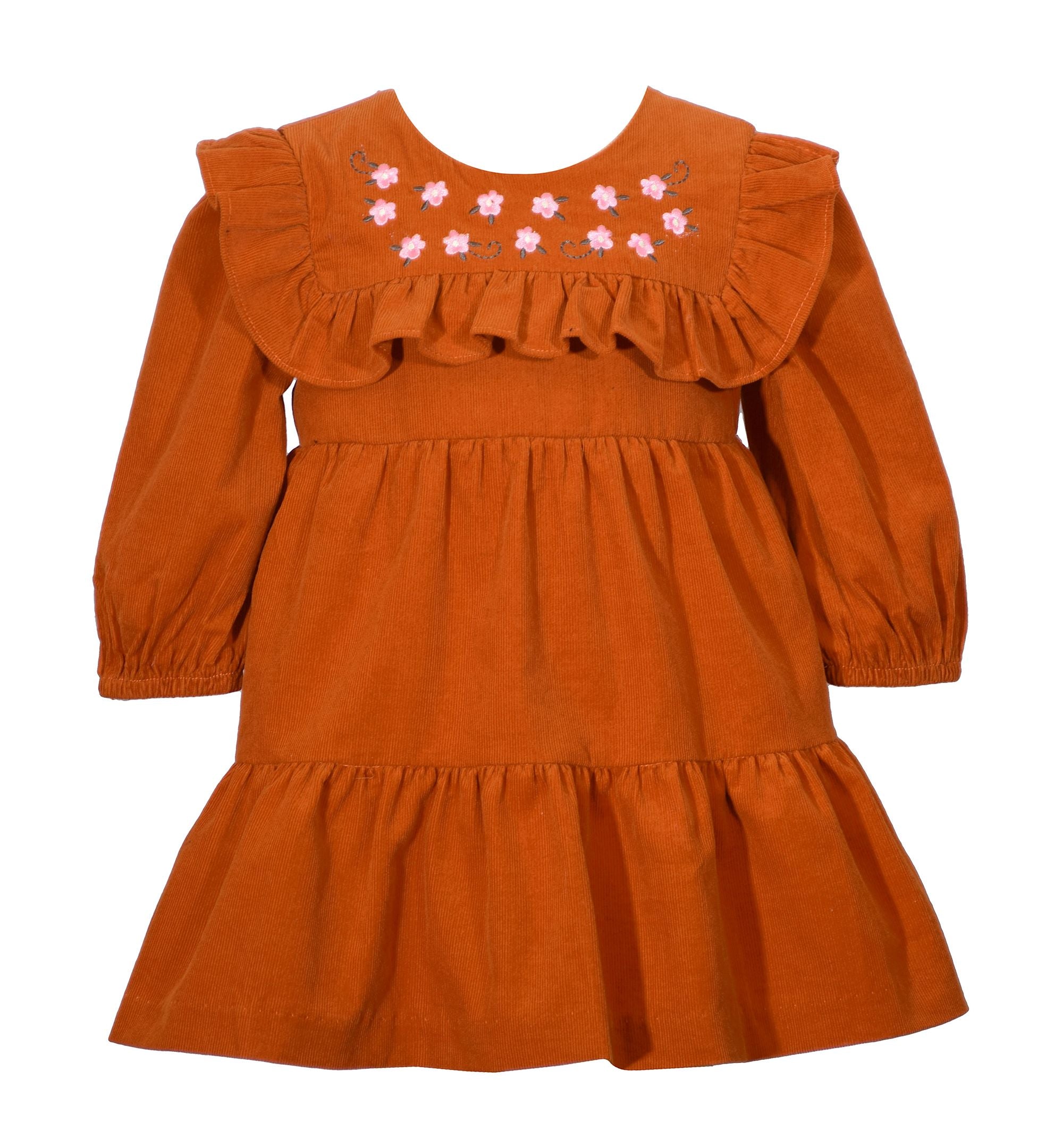 Baby Girls Three Quarter Sleeved Dress With Ruffled Floral Bib