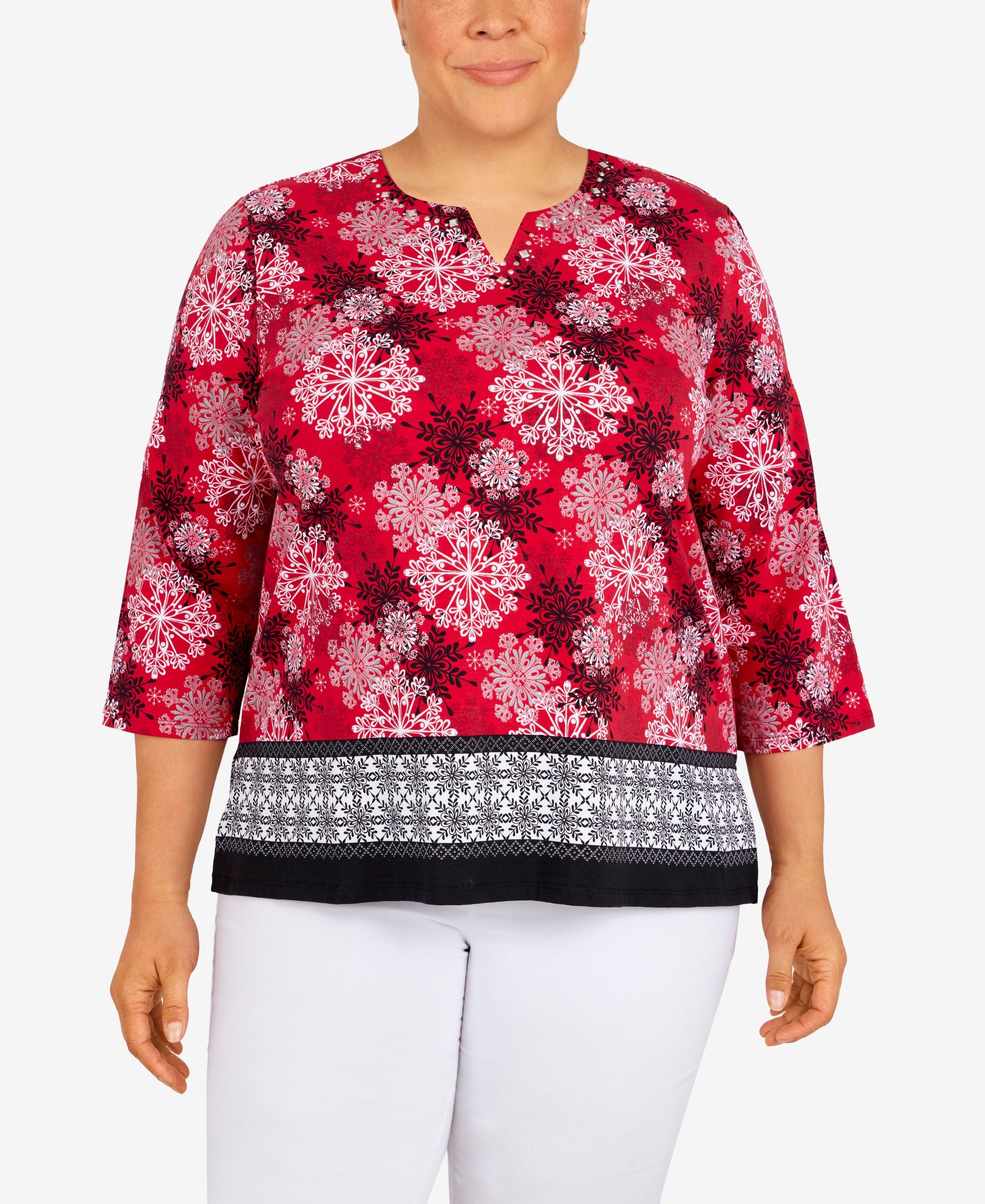 Alfred Dunner Plus Size Classics Snowflake Border Top