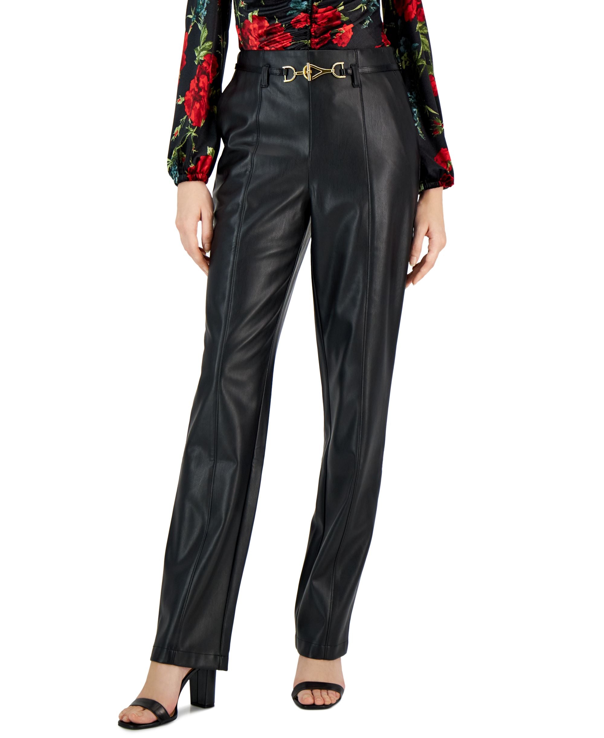 INC International Concepts Womens High Rise Belted Faux Leather Pants