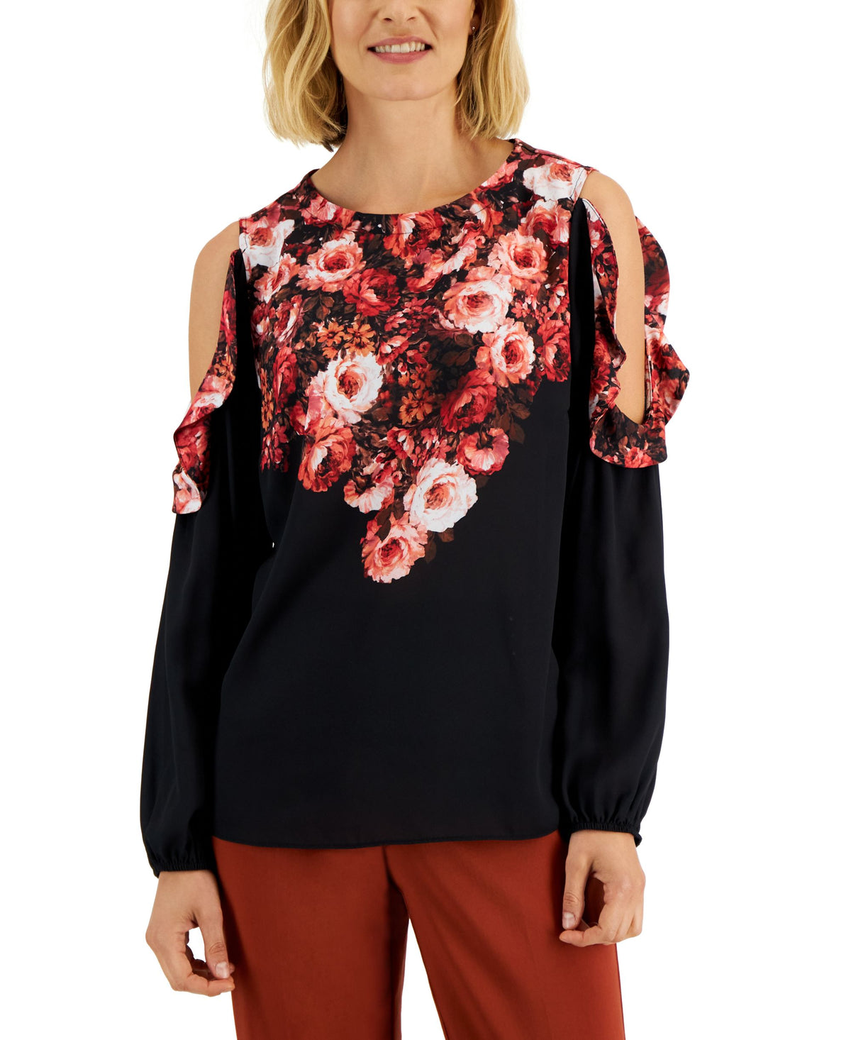 JM Collection Womens Cold Shoulder Mixed Media Floral Top
