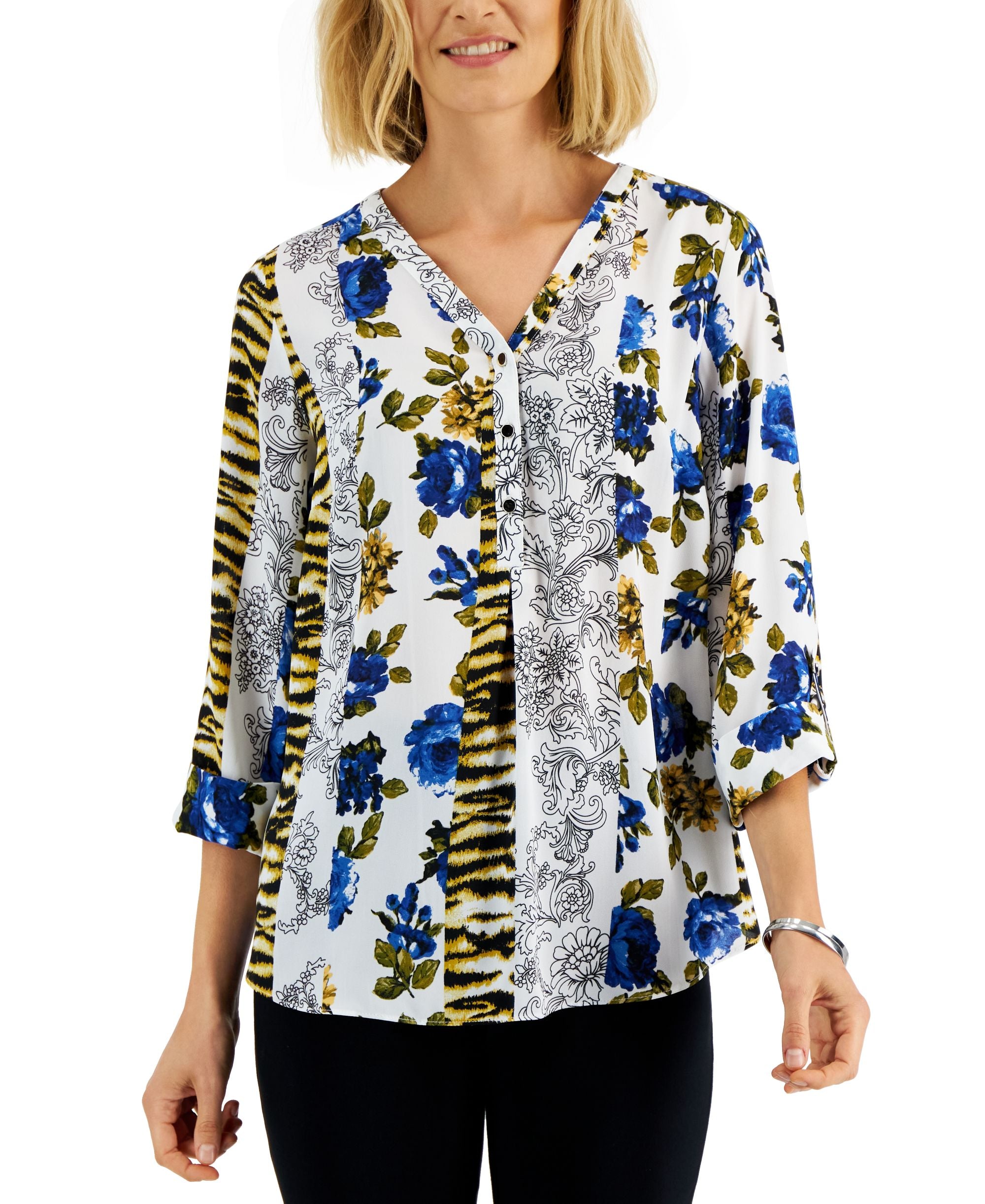 JM Collection Womens Printed Roll Tab Sleeve Top