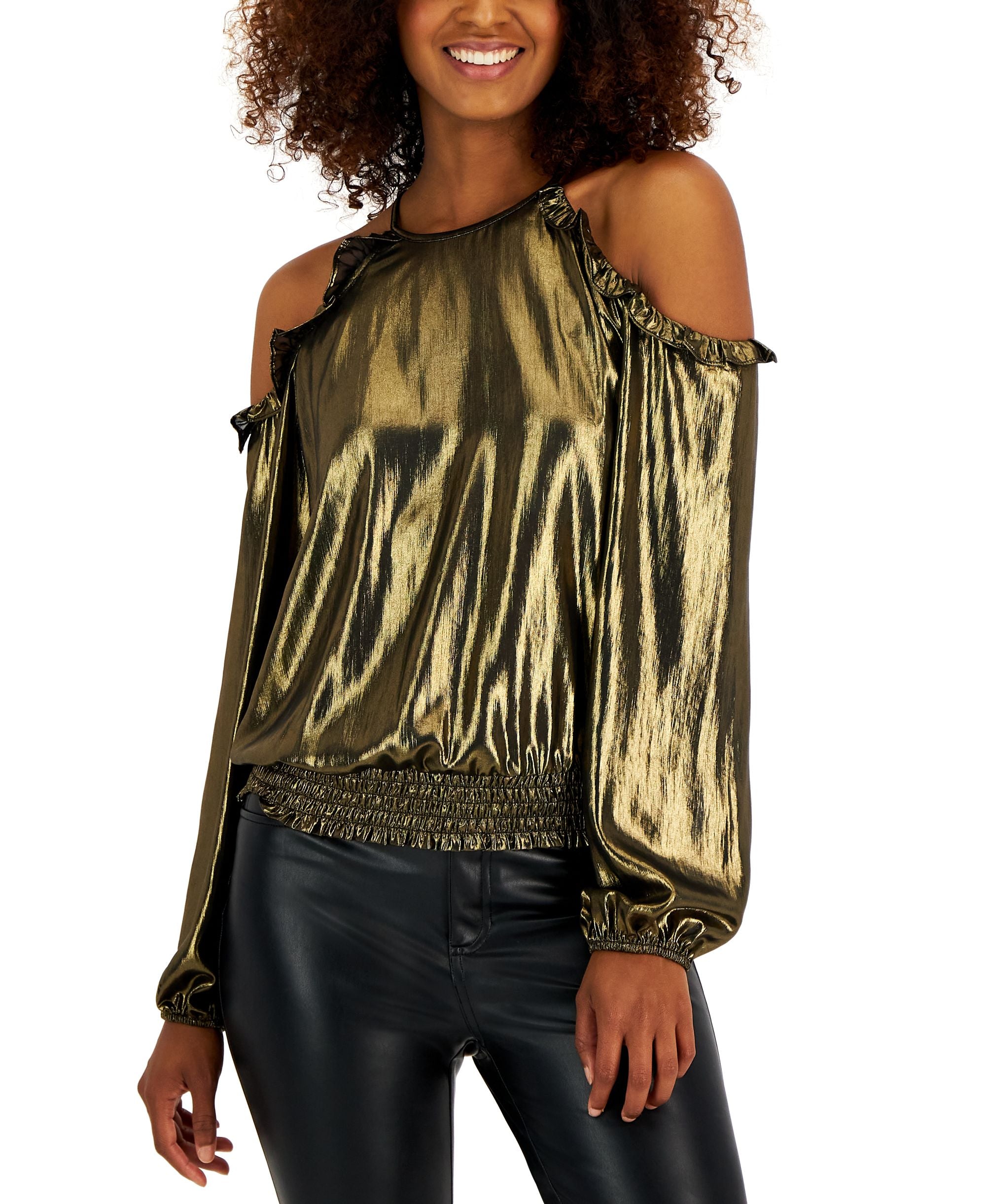 INC International Concepts Womens Metallic Cold Shoulder Ruffle Trim Blouse