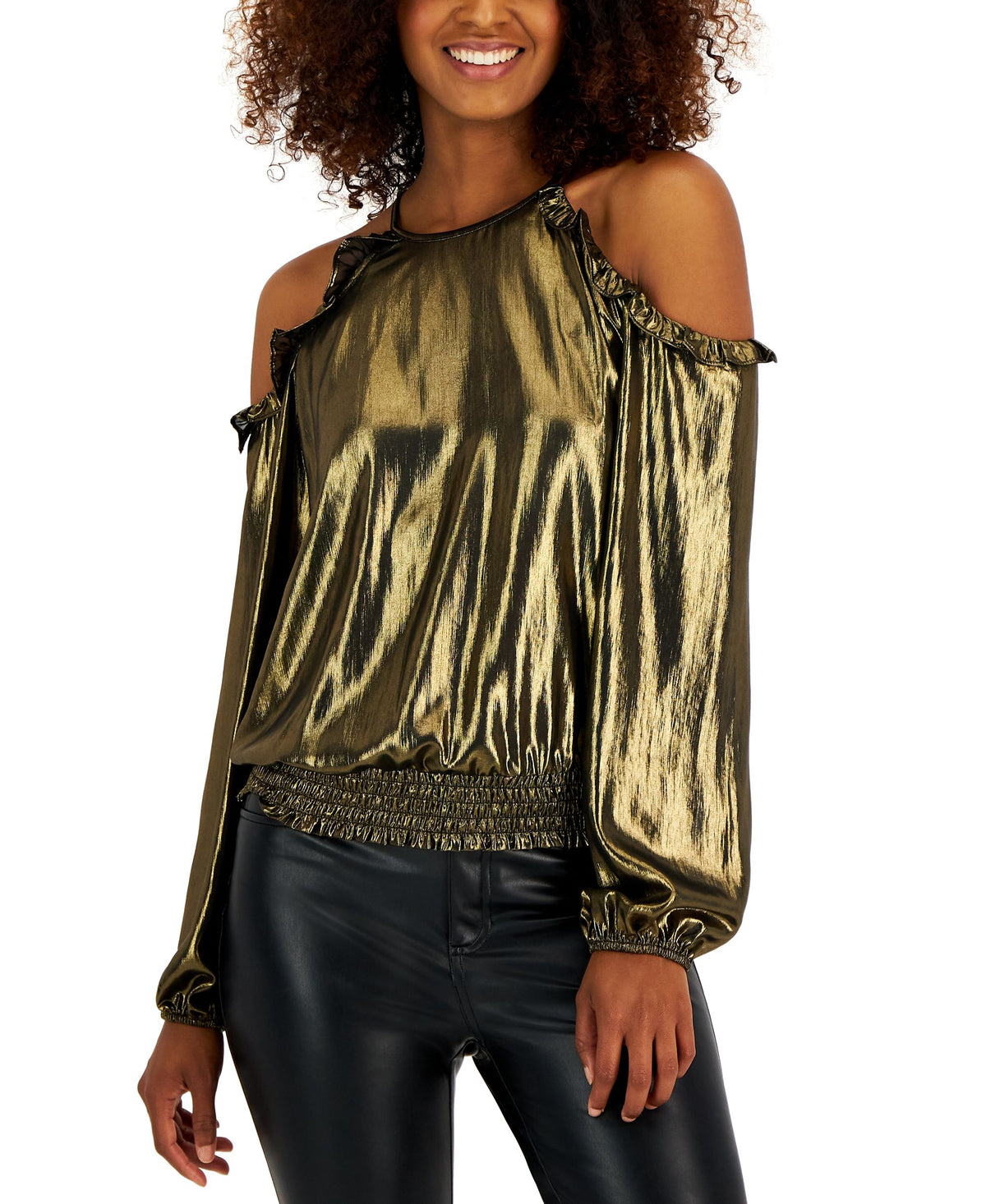 INC International Concepts Womens Metallic Cold Shoulder Ruffle Trim Blouse