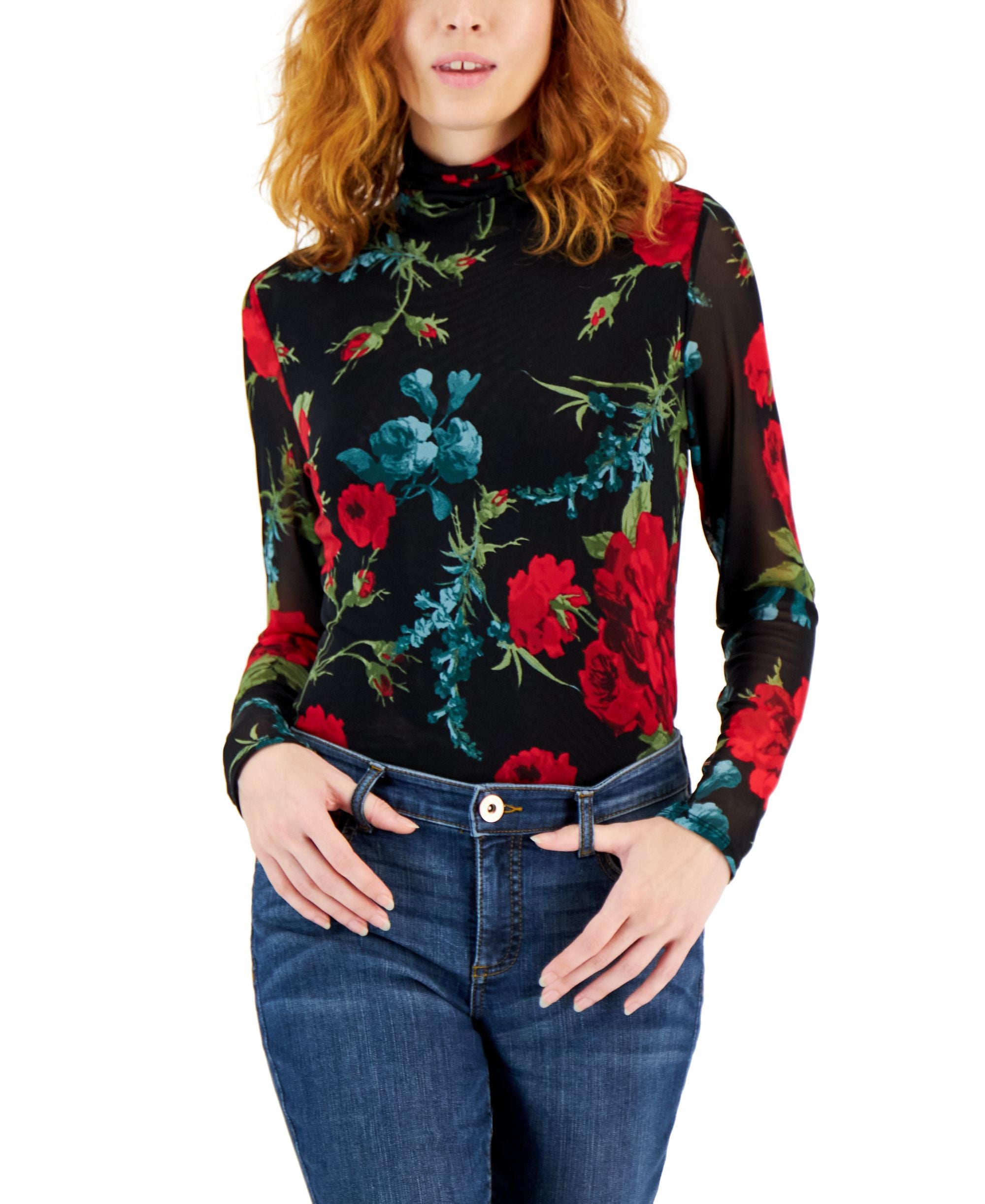 Inc International Concepts Womens Print Long-Sleeve Mesh Turtleneck