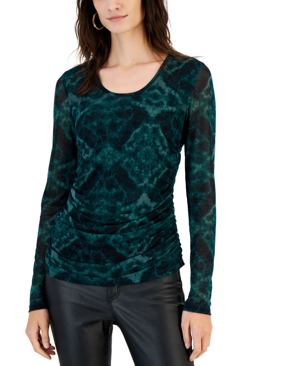 INC International Concepts Womens Printed Side Ruched Sheer Sleeve Top