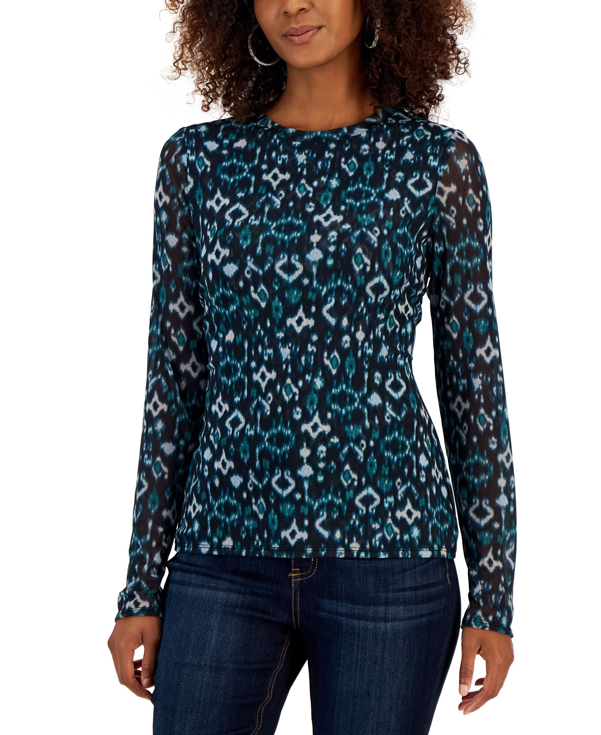 Women's Printed Crewneck Mesh Top
