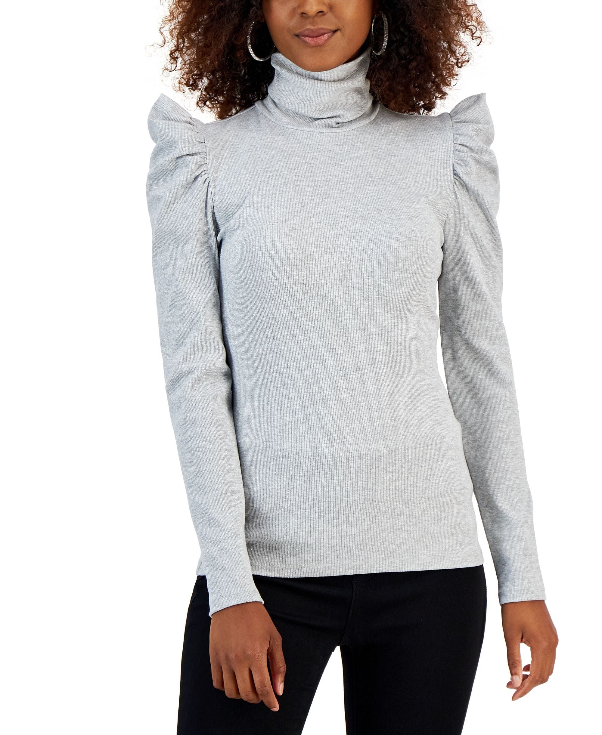 Women's Metallic Ribbed Puff-Sleeve Turtleneck Top