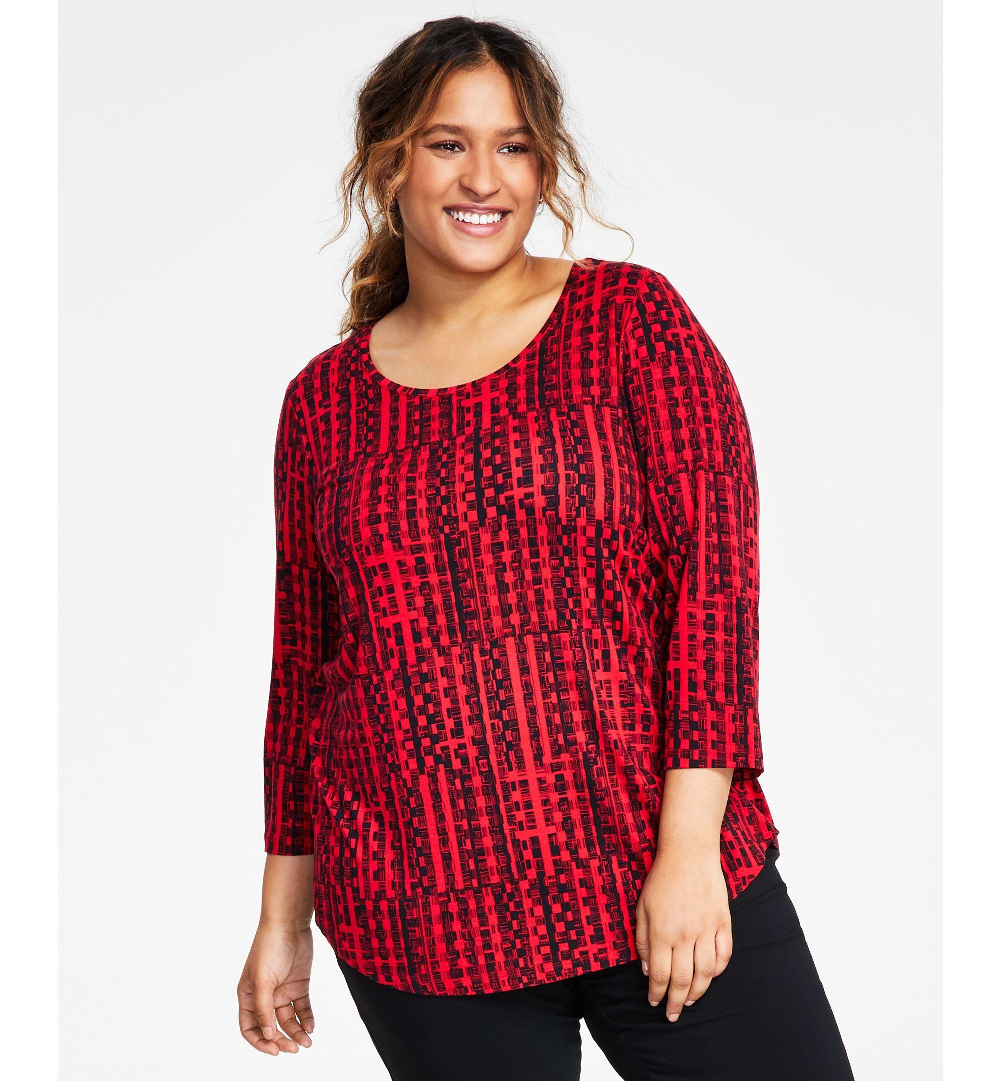 Plus Size Scoop-Neck Printed 3/4-Sleeve Top