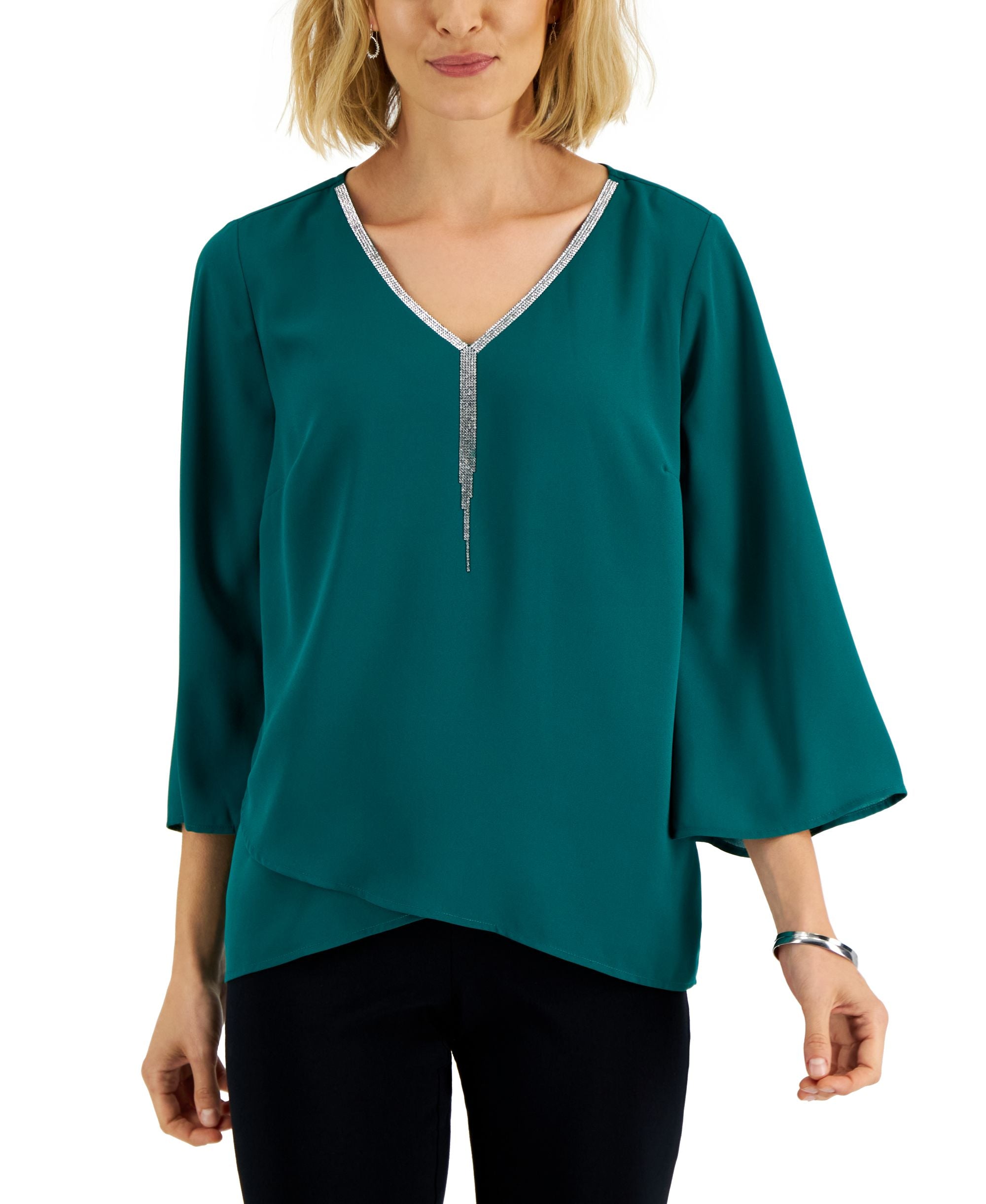 JM Collection Womens Rhinestone Trim 3/4 Sleeve Top