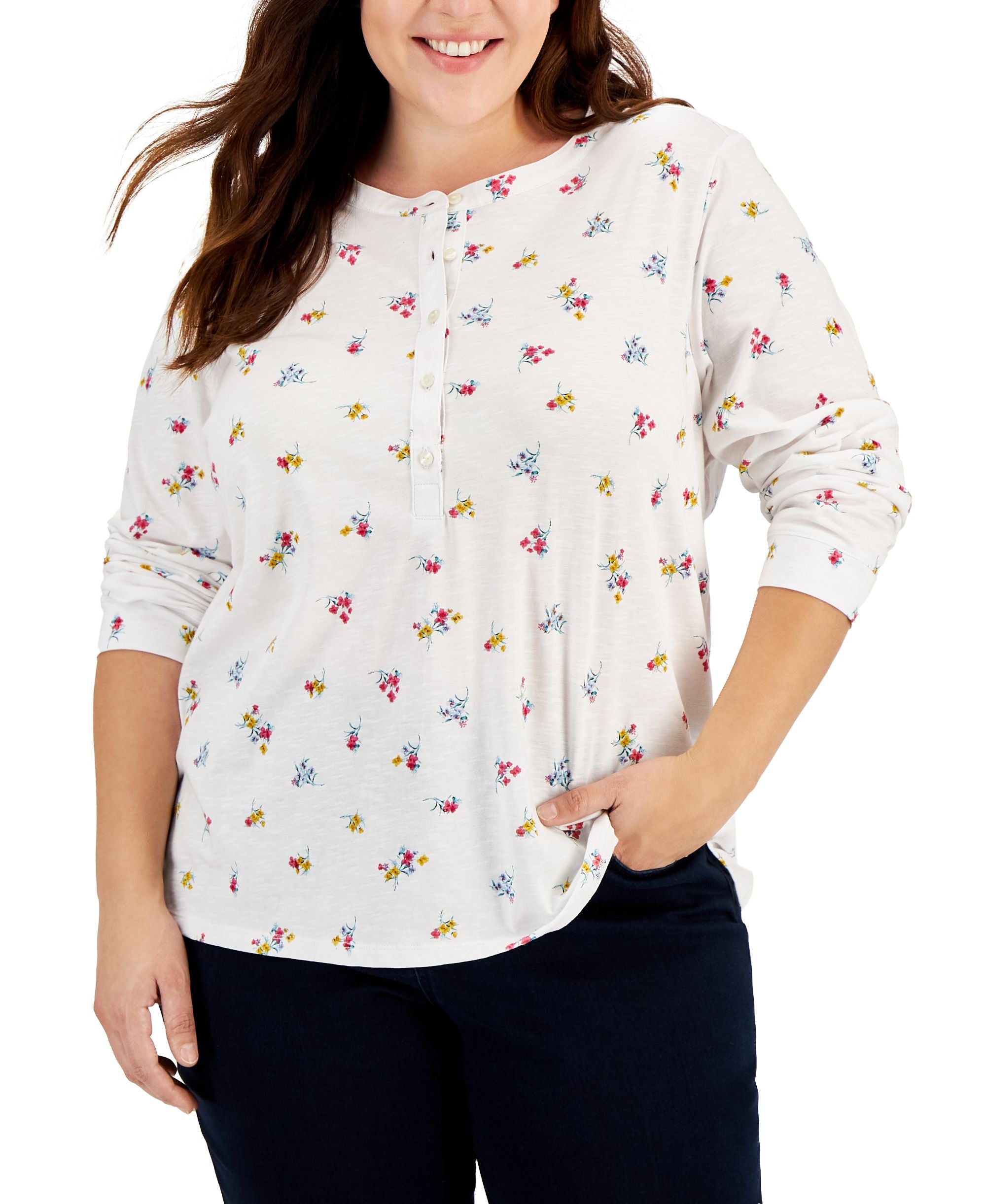 Style & Co Plus Size Floral Print Henley Top