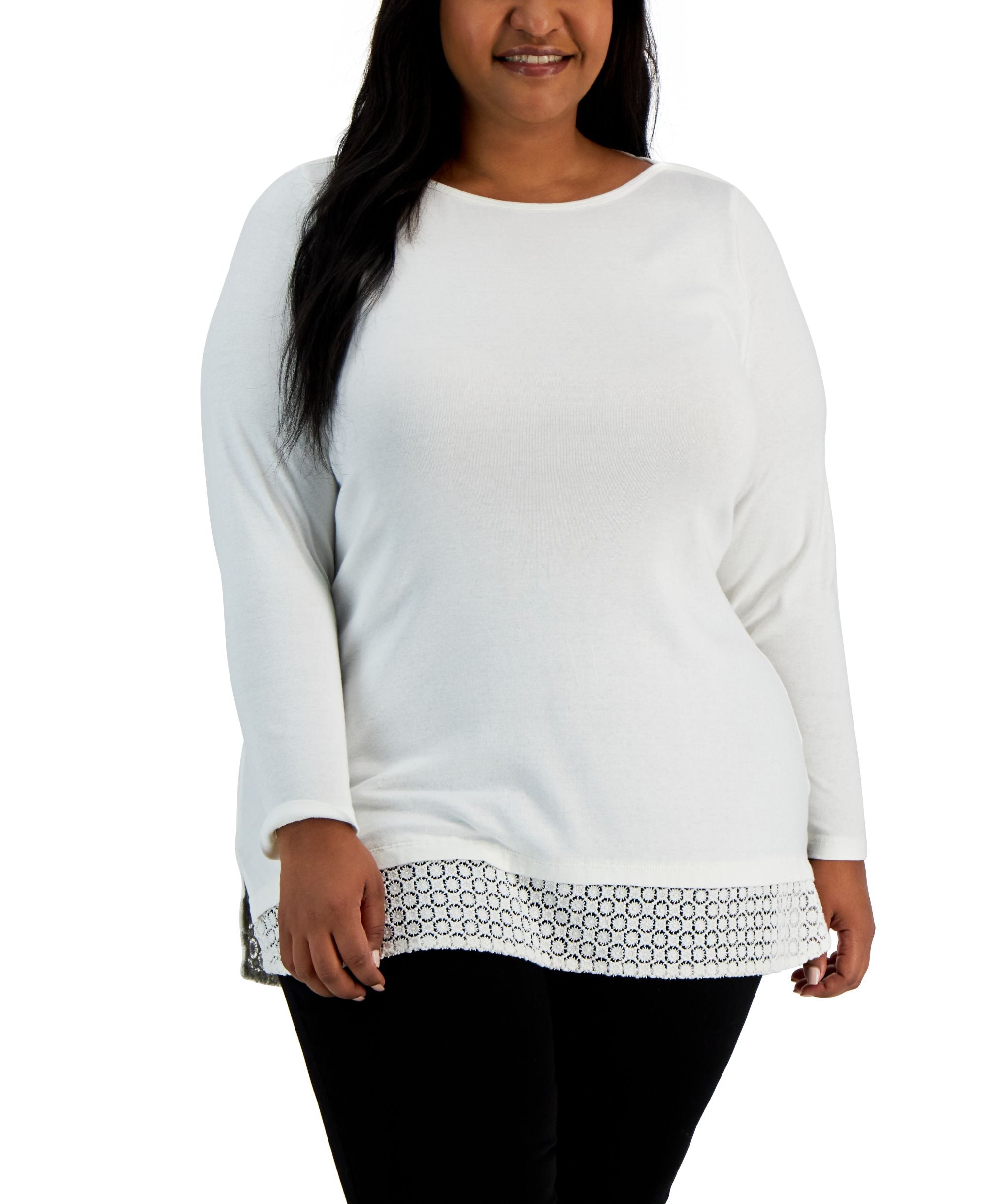 Plus Size Cotton Lace-Hem Top