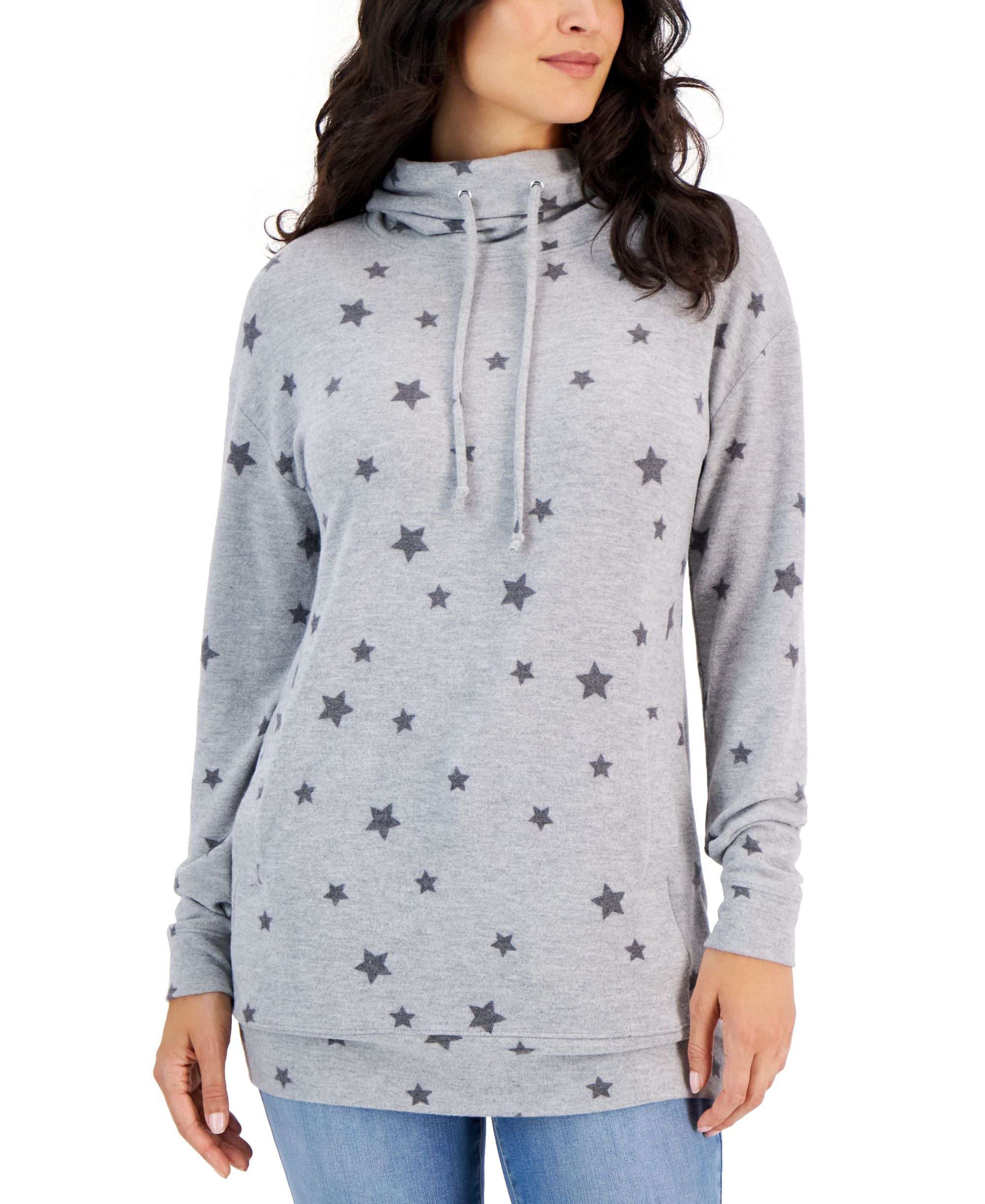 Style & Co Womens Printed Drawstring Cowl Neck Tunic