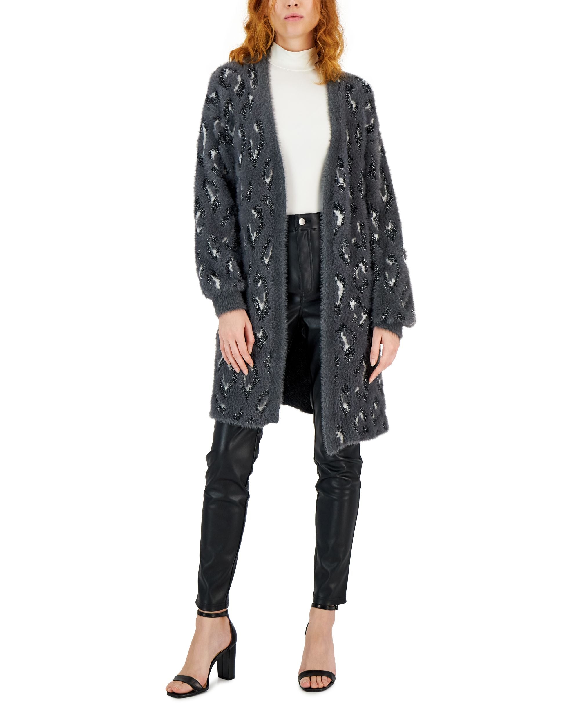 International Concepts Womens Fuzzy Animal Print Open Front Cardigan