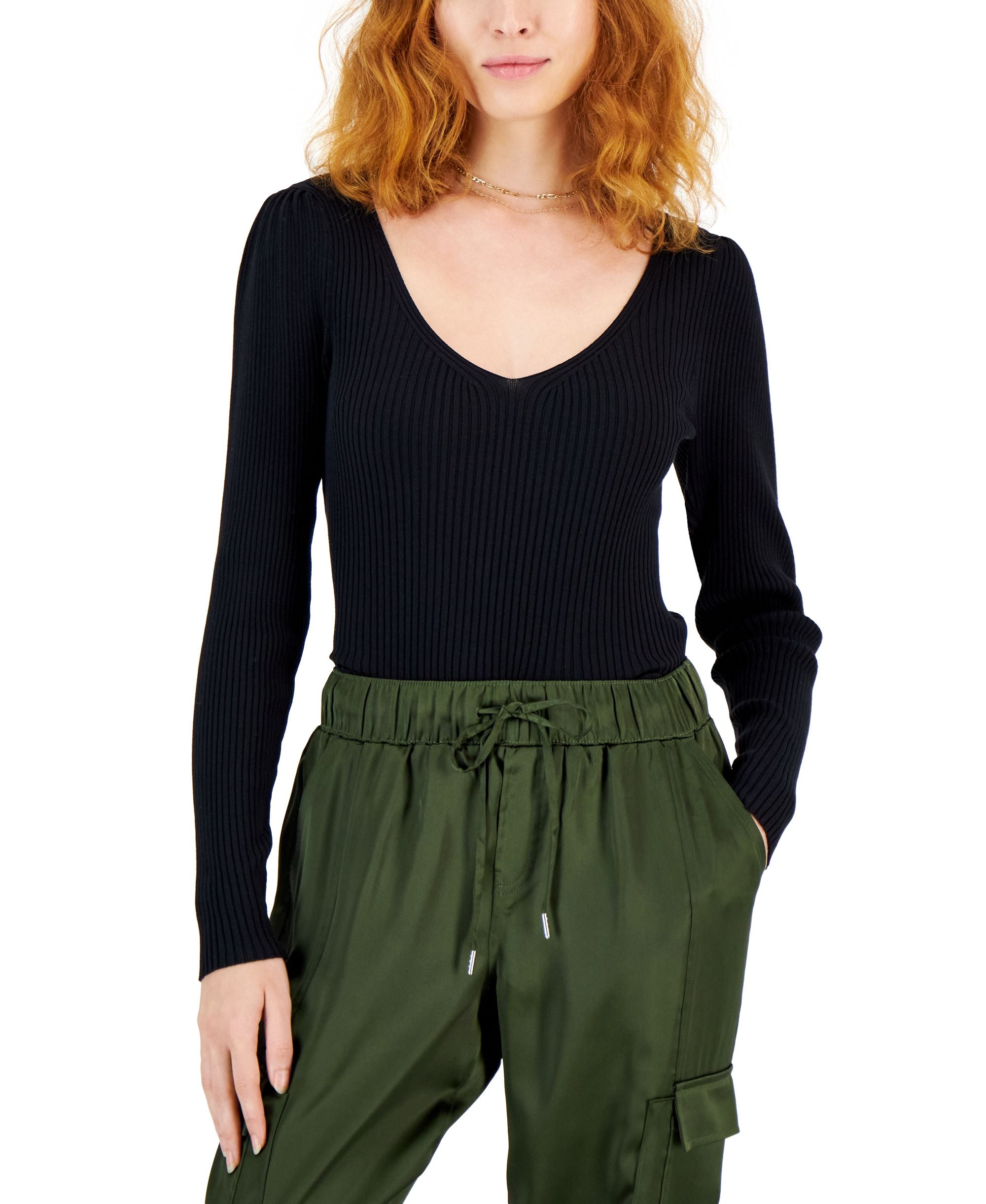 International Concepts Womens Ribbed Puffed Shoulder Sweater