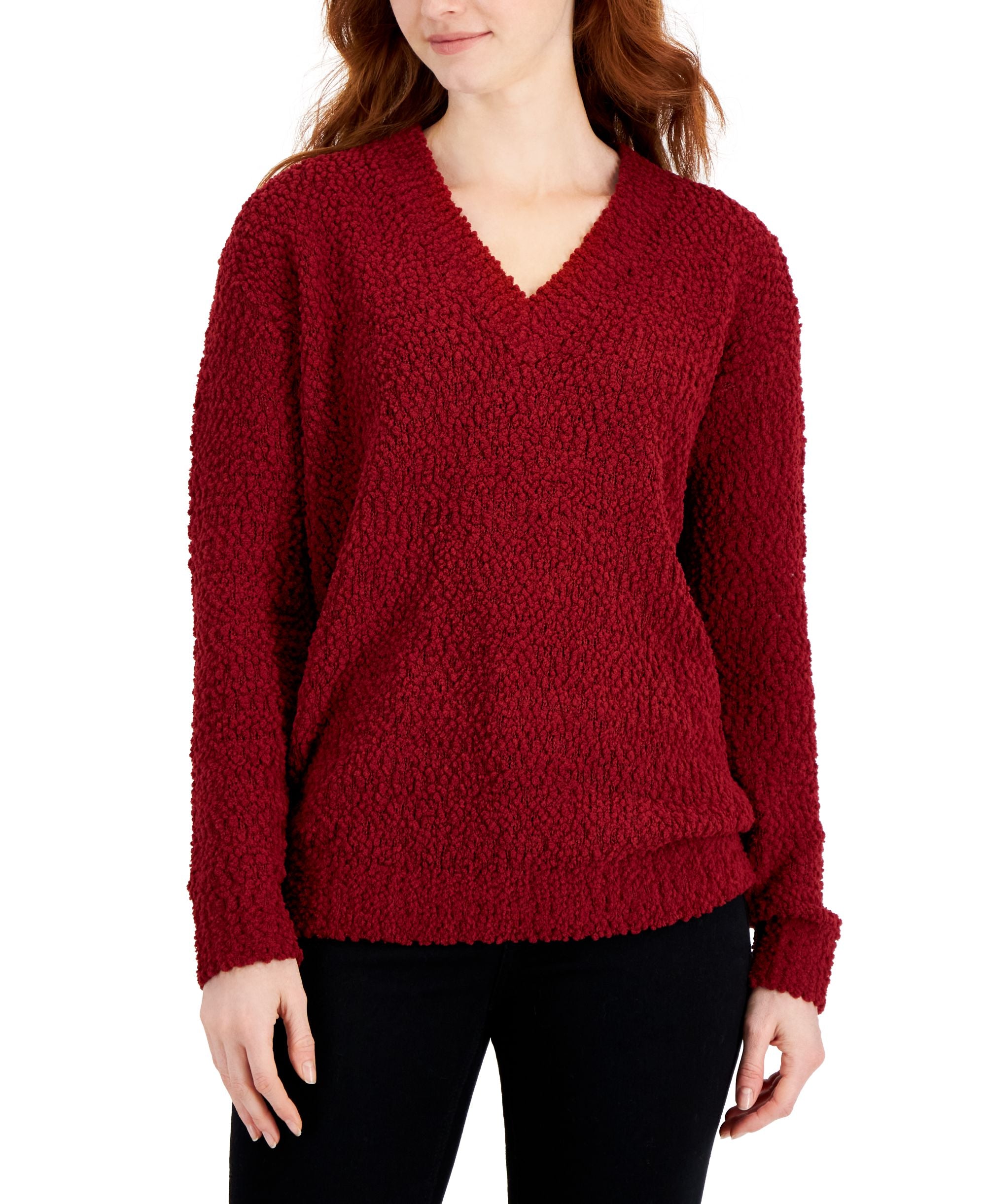 Style & Co Womens Teddy Boucle V Neck Sweater