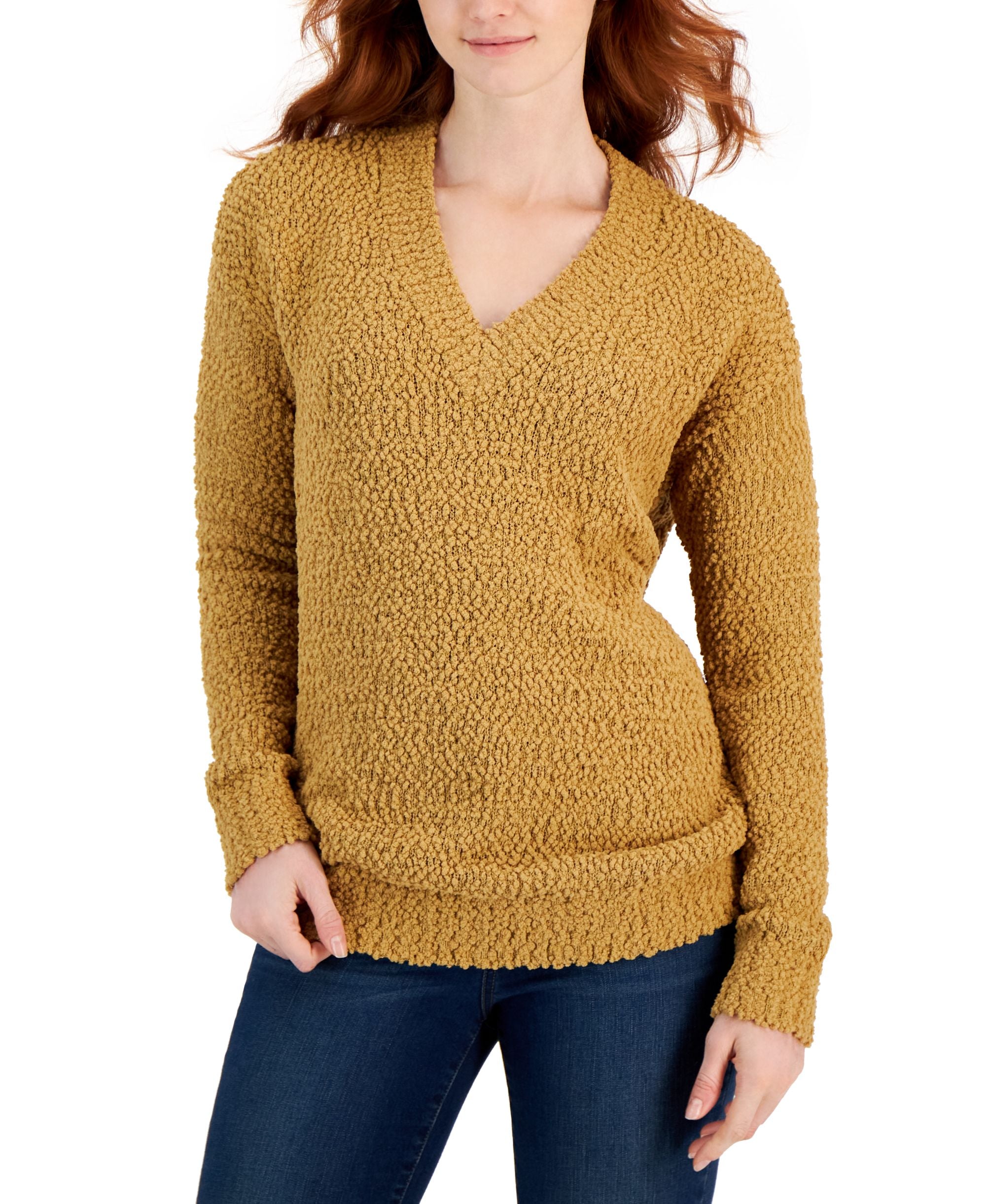 Style & Co Womens Teddy Boucle V Neck Sweater