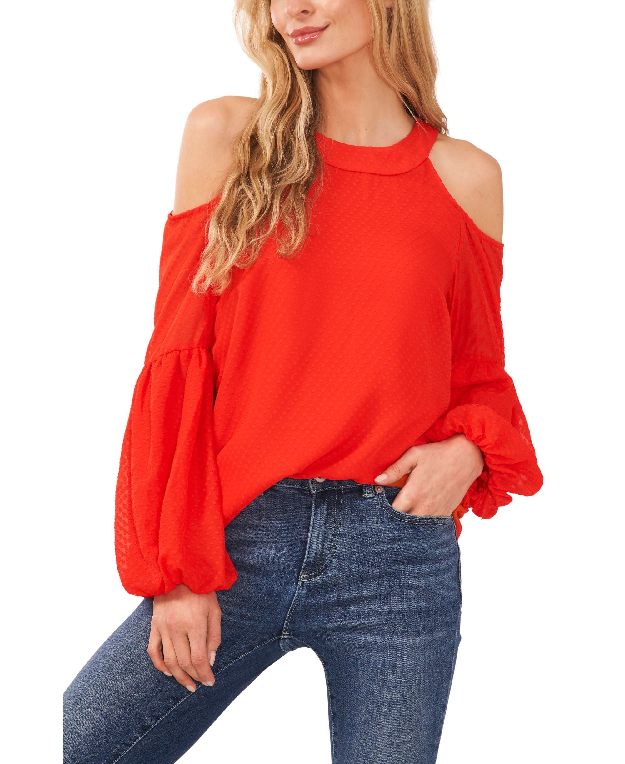 Women's Long Sleeve Cold-Shoulder Clip Dot Blouse