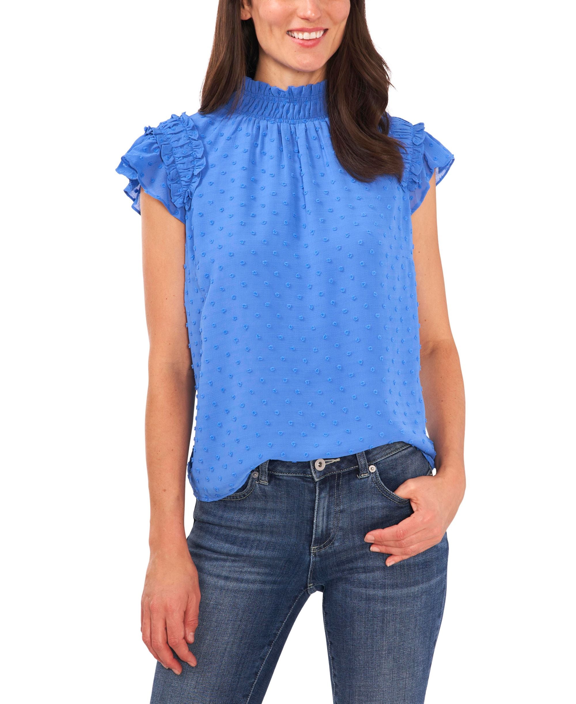Women's Ruffled Flutter Sleeve Mock Neck Blouse