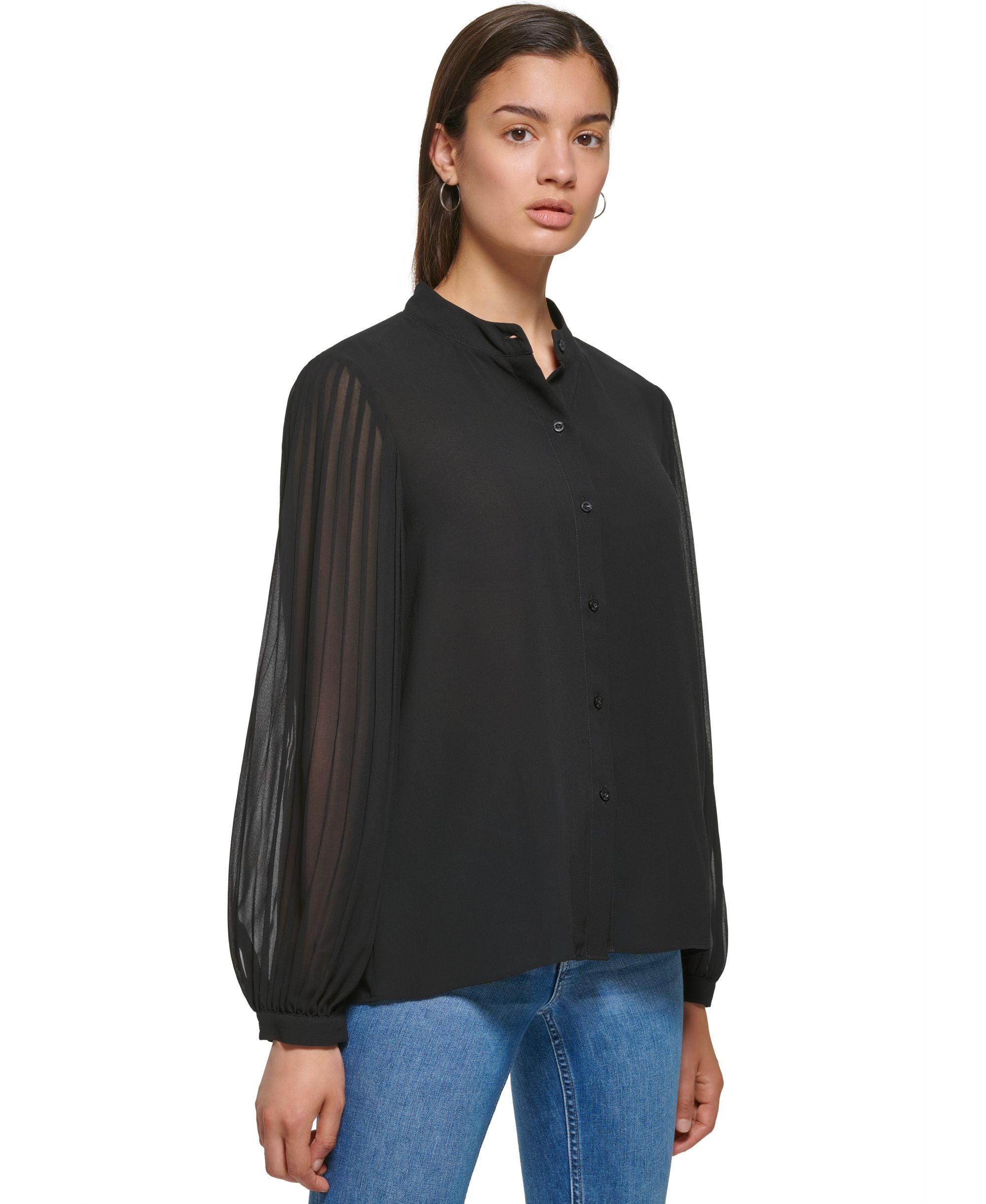 Calvin Klein Womens Pleat Sleeve Chiffon Button Front Blouse