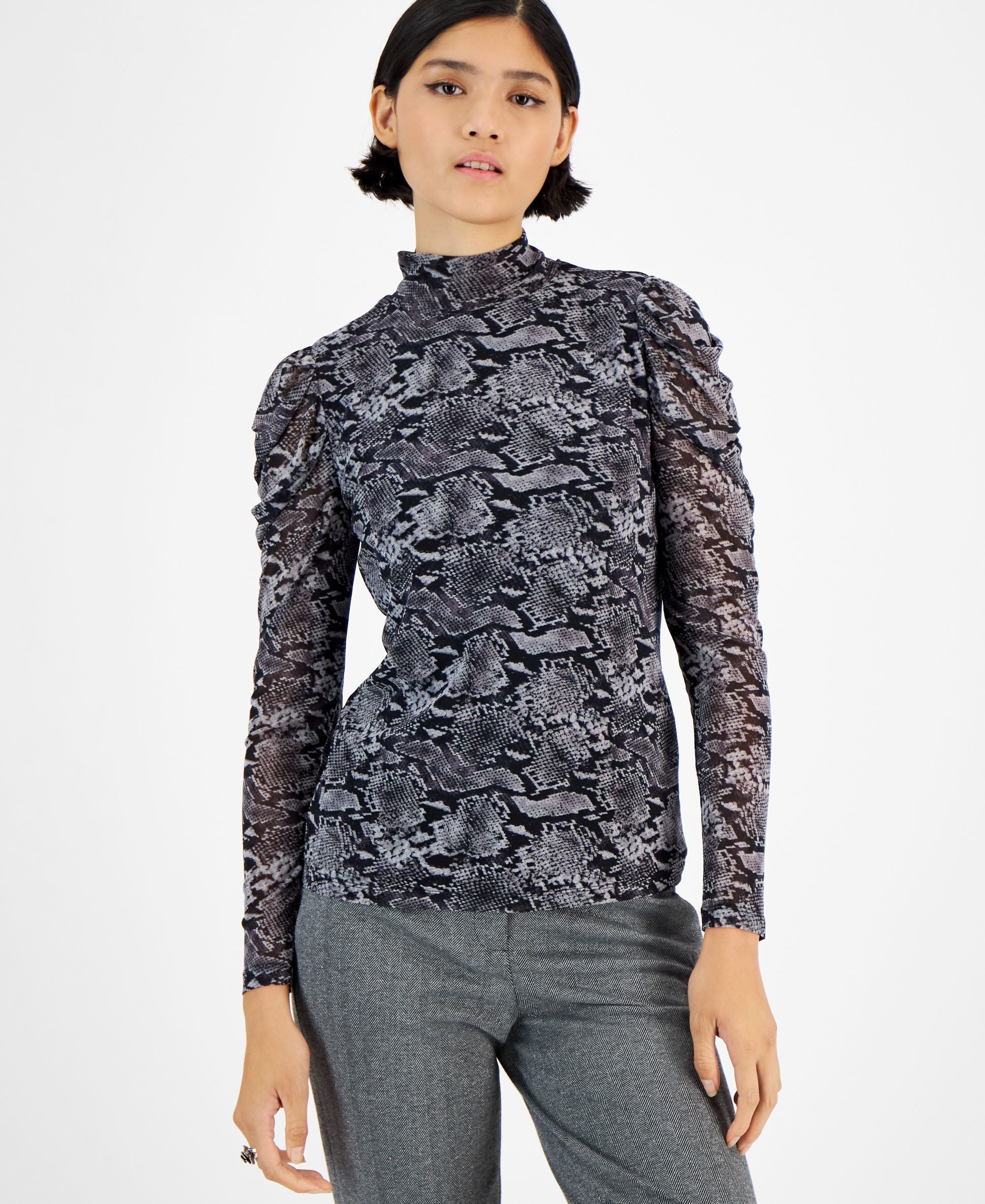 Bar III Womens Draped Sleeve Animal Print Mesh Top