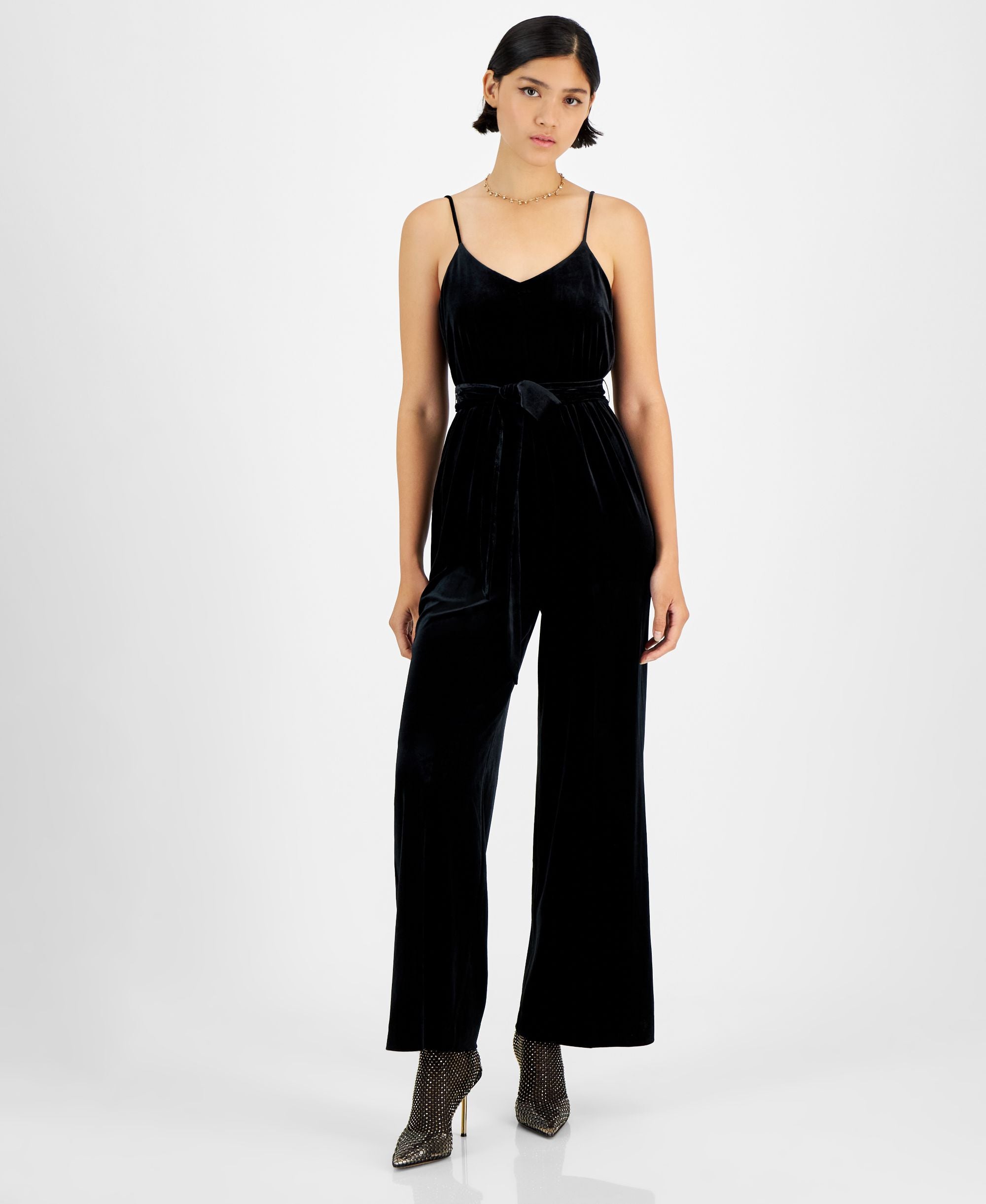 Bar III Womens Velvet V Neck Scoop Back Belted Jumpsuit