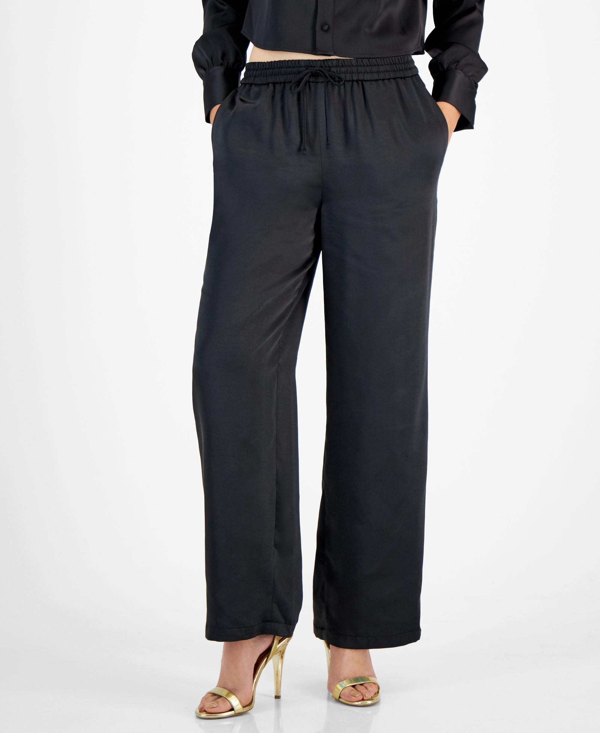 Bar III Womens Washed Satin Pull On Wide Leg Pants