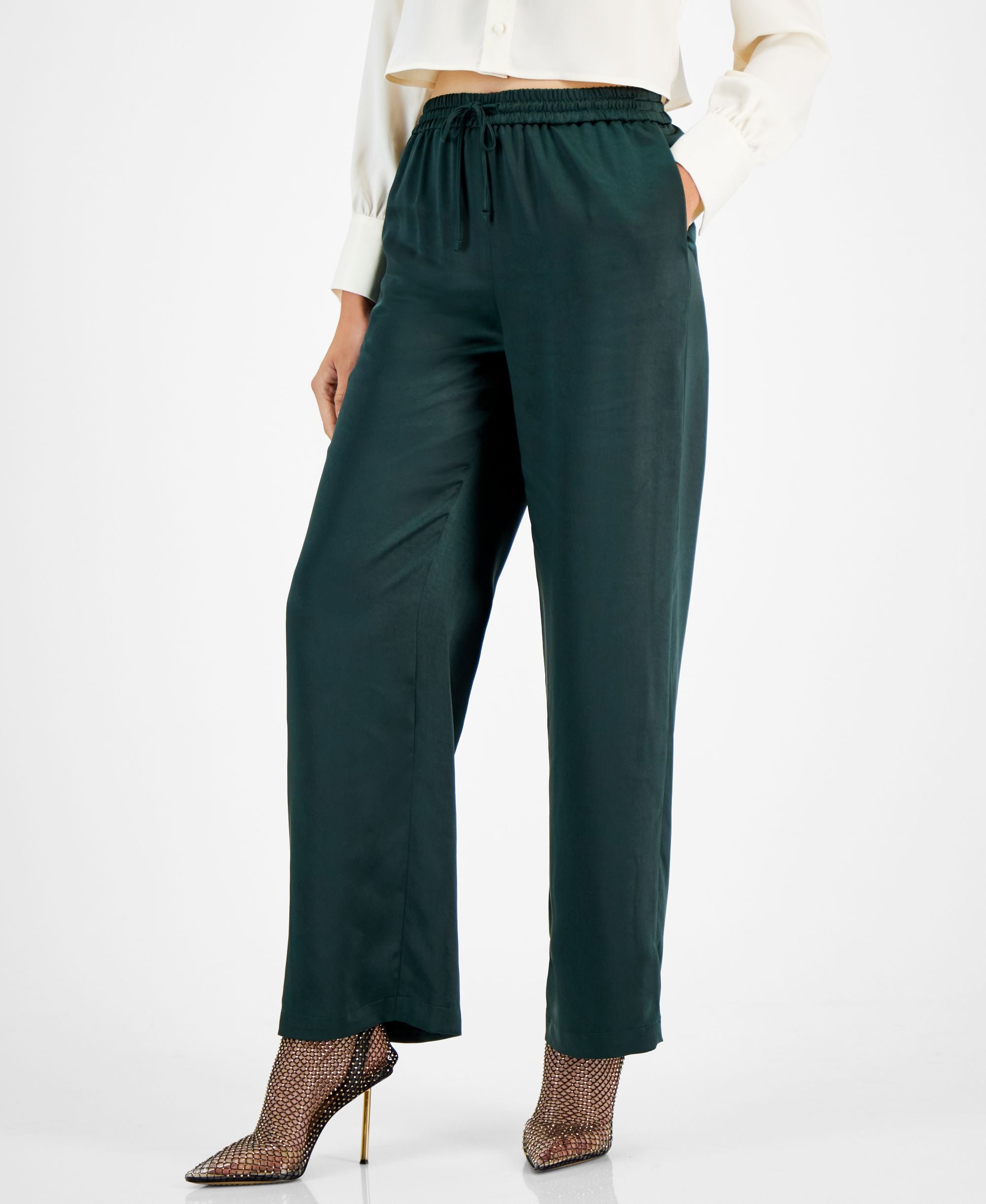 Bar III Womens Washed Satin Pull On Wide Leg Pants