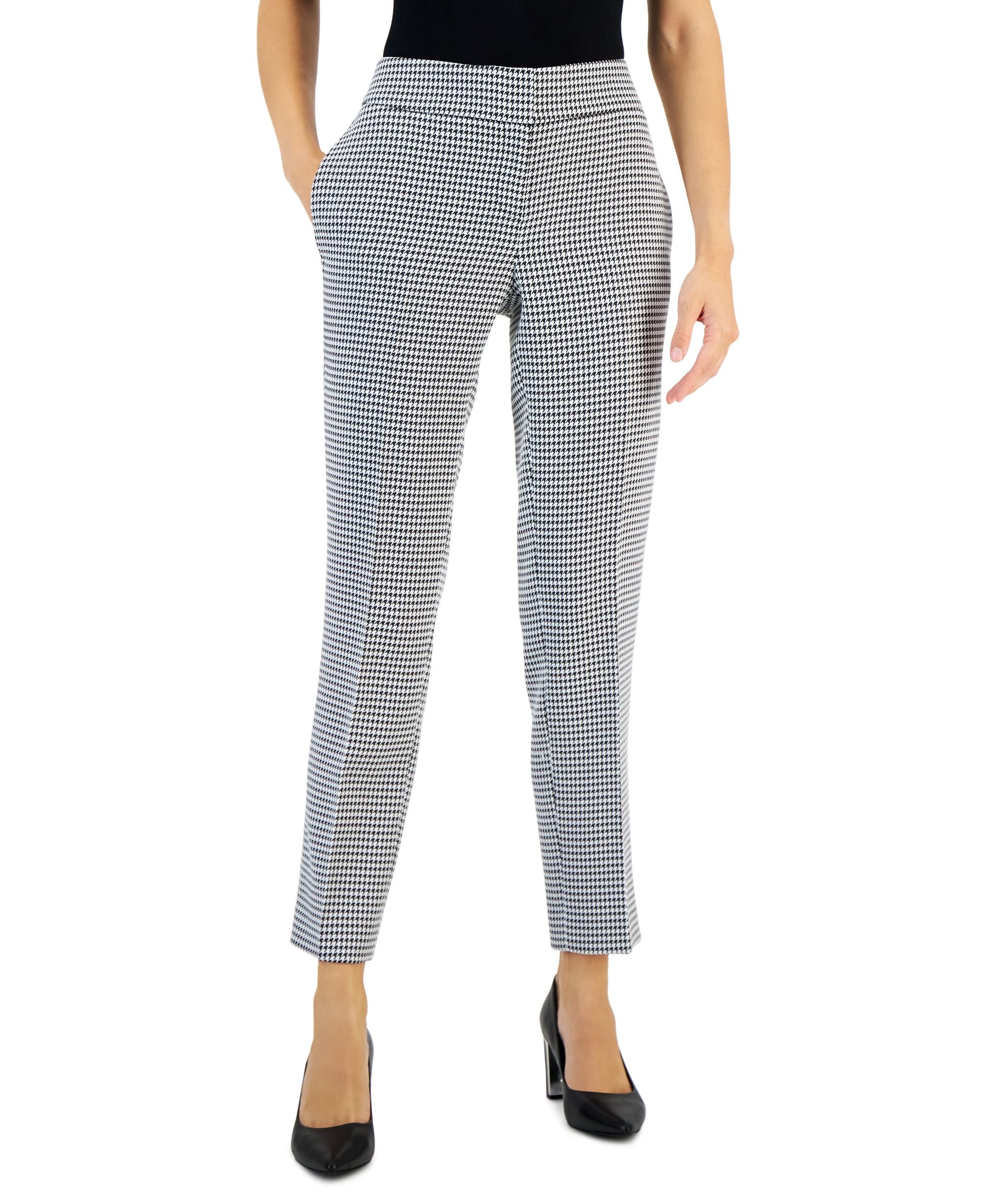 Petite Houndstooth Mid Rise Slim-Fit Pants