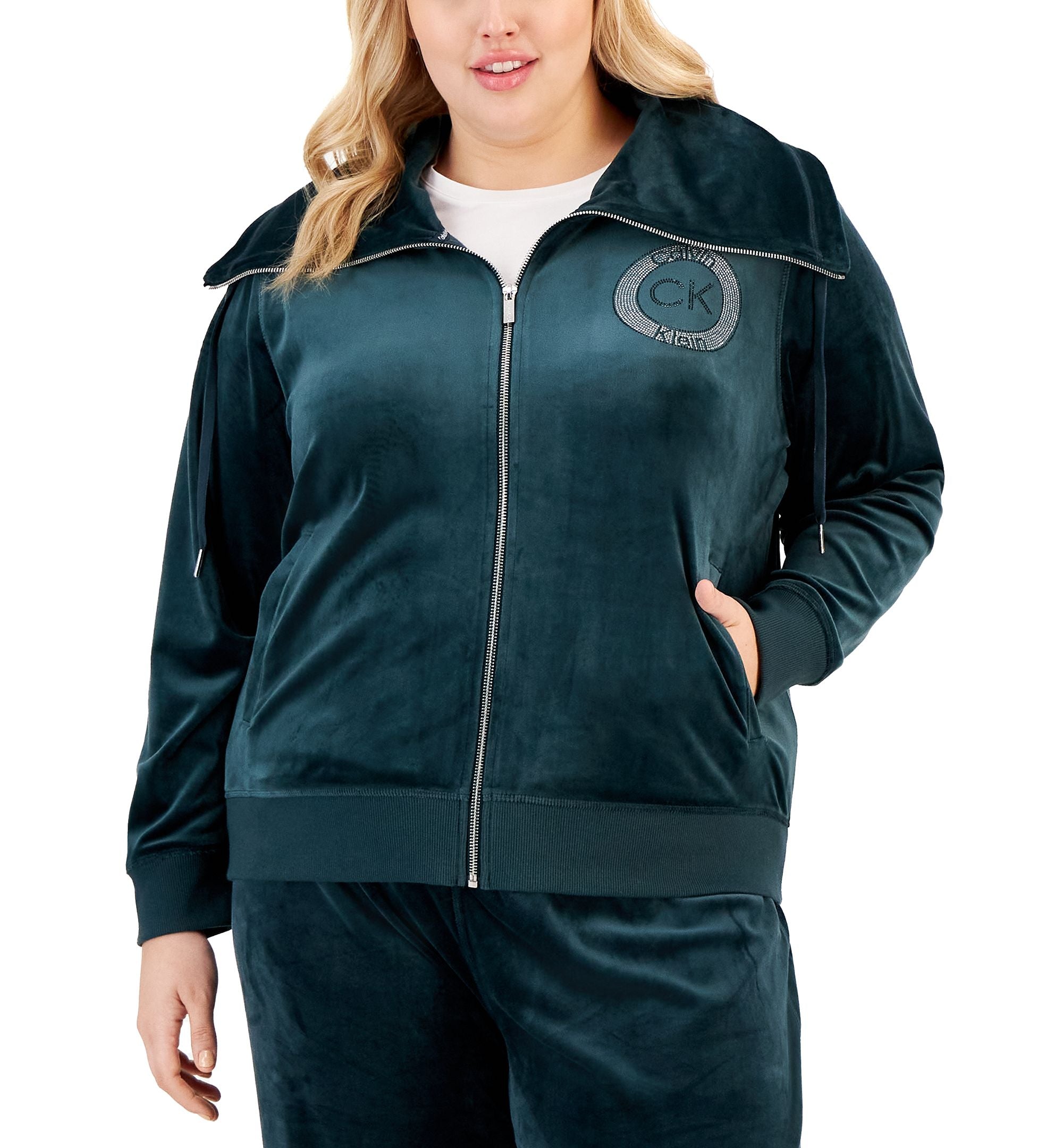 Plus Size Funnel-Neck Circle Logo Velour Zip-Up Jacket