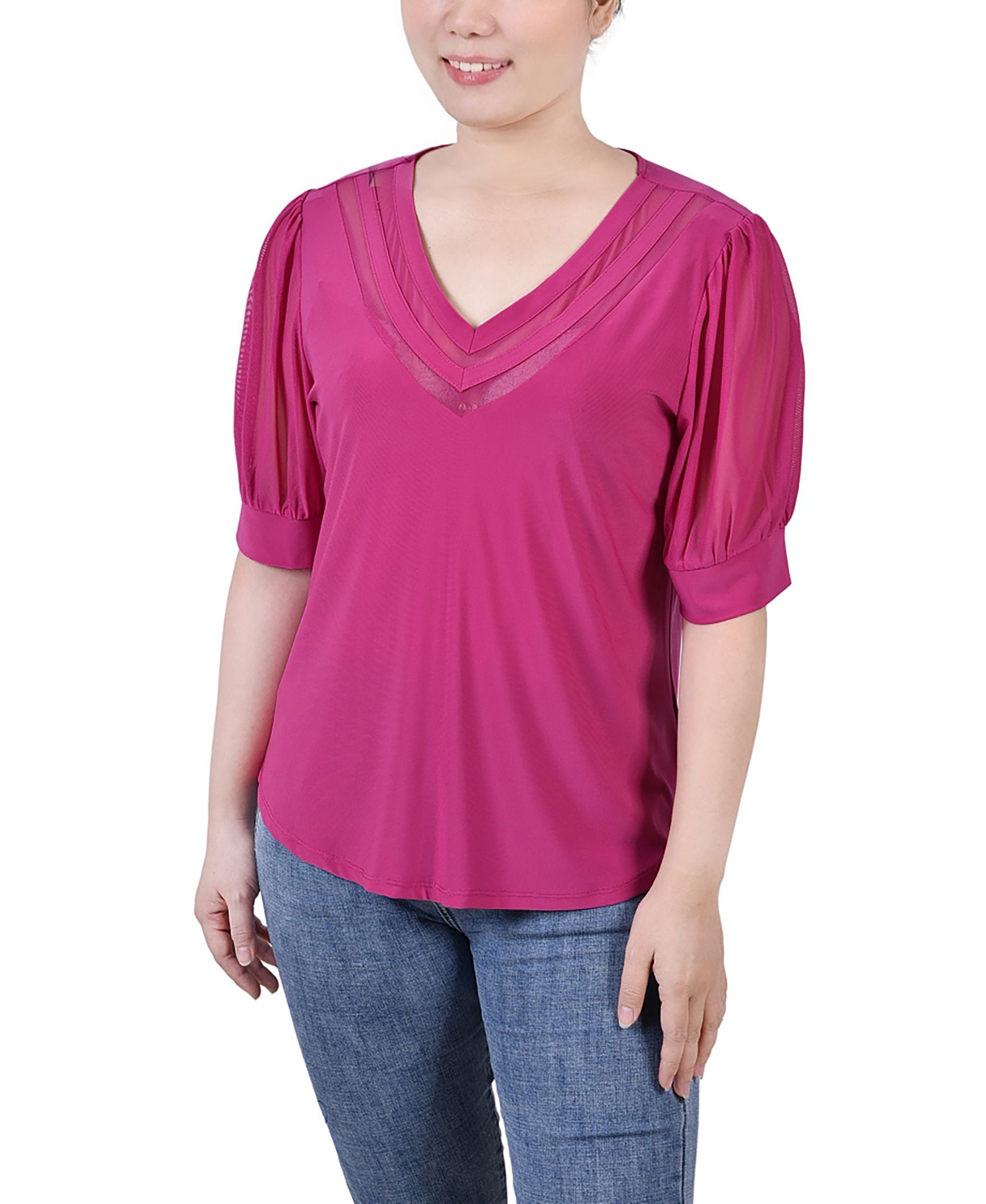 Petite Size Short Puff Sleeve V Neck Top