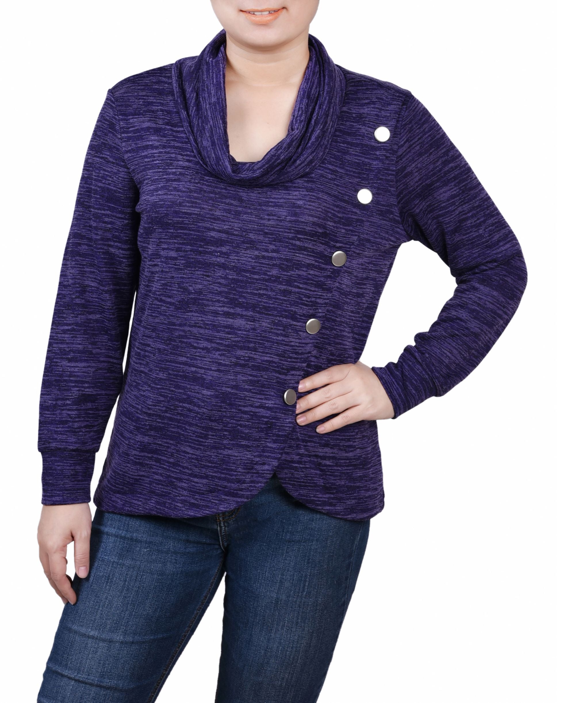 Petite Size Long Sleeve Overlapping Cowl Neck Top