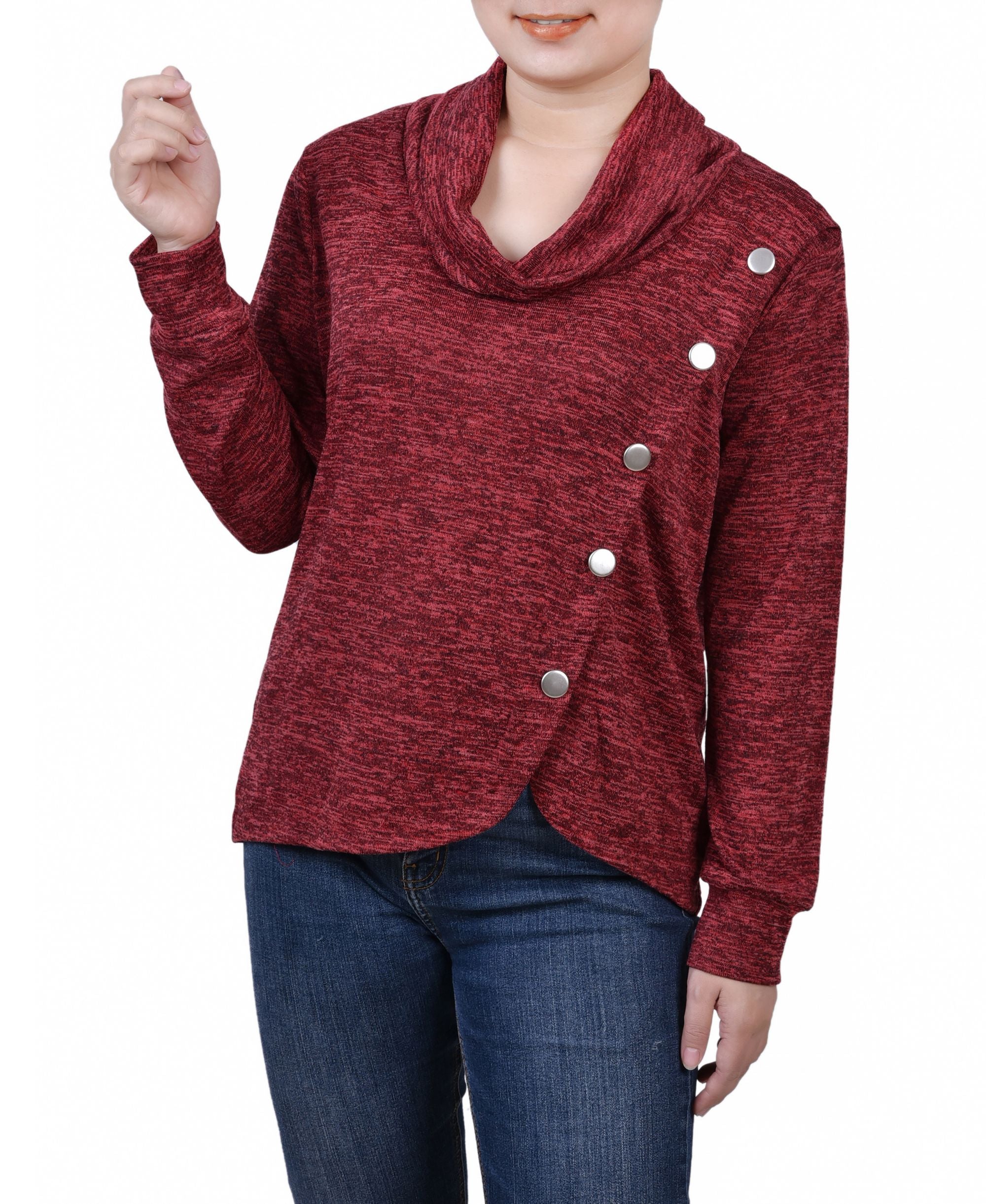Petite Size Long Sleeve Overlapping Cowl Neck Top