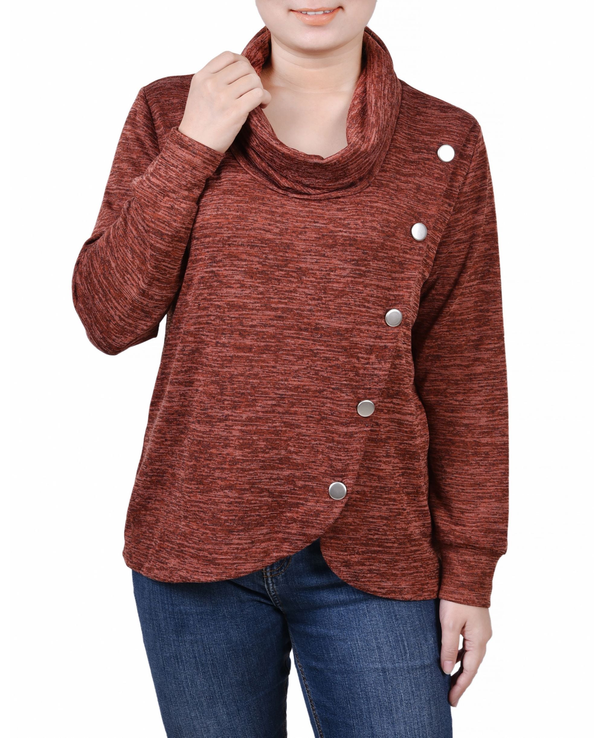 Petite Size Long Sleeve Overlapping Cowl Neck Top