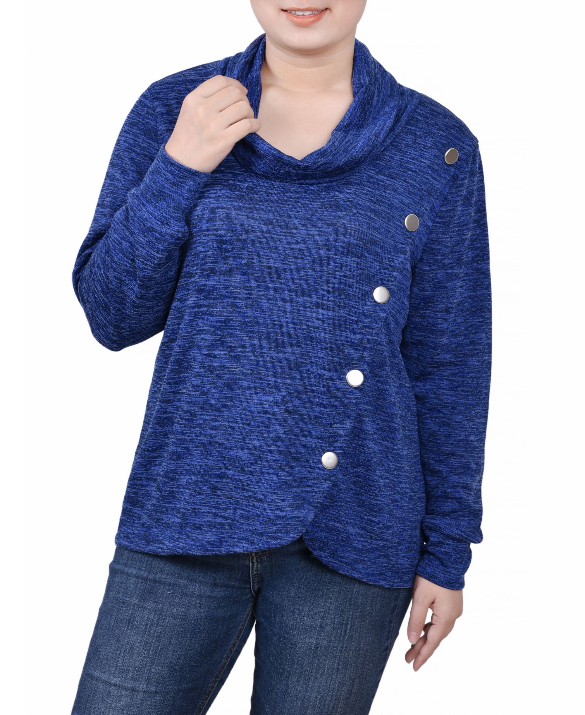 Petite Size Long Sleeve Overlapping Cowl Neck Top