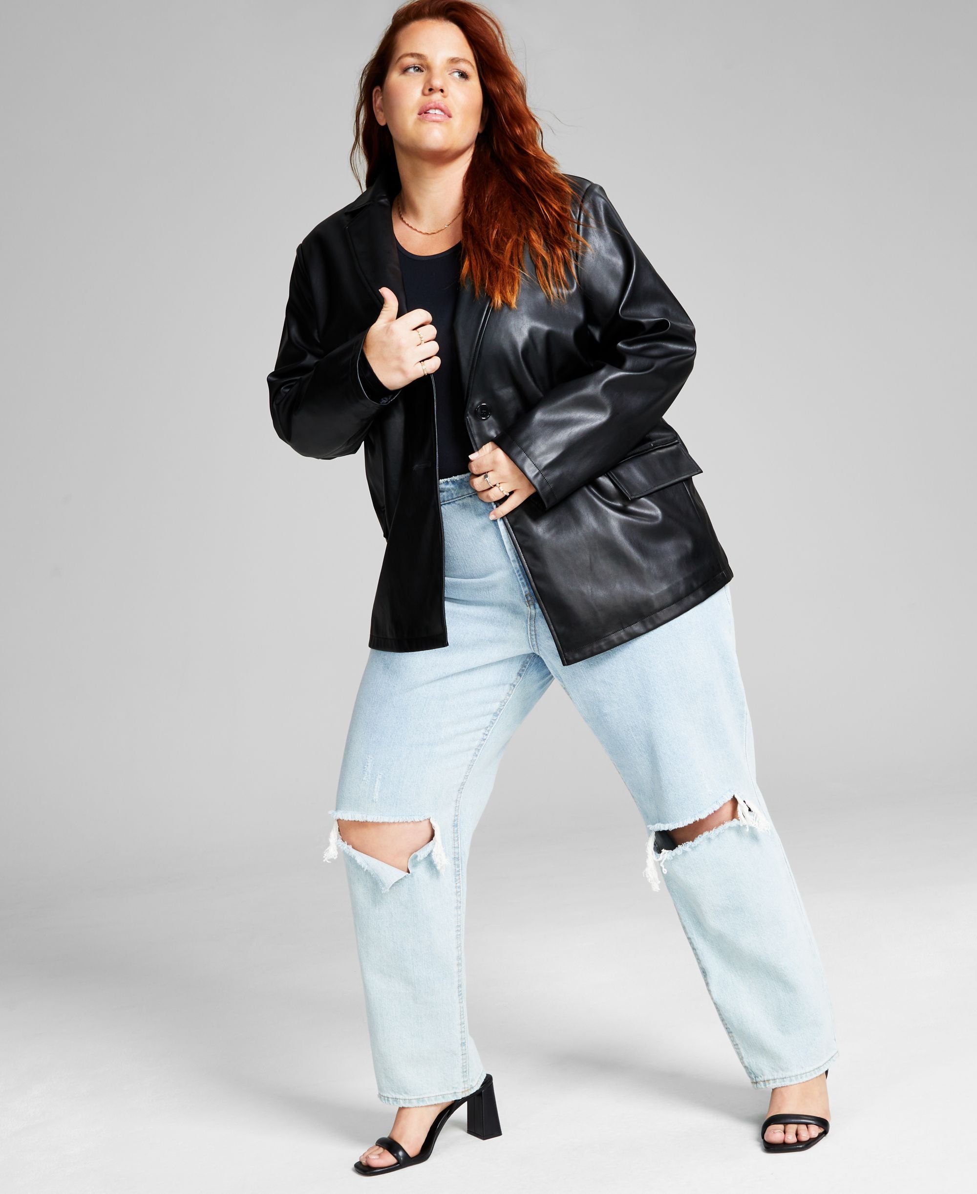 Trendy Plus Size Long Faux-Leather Blazer