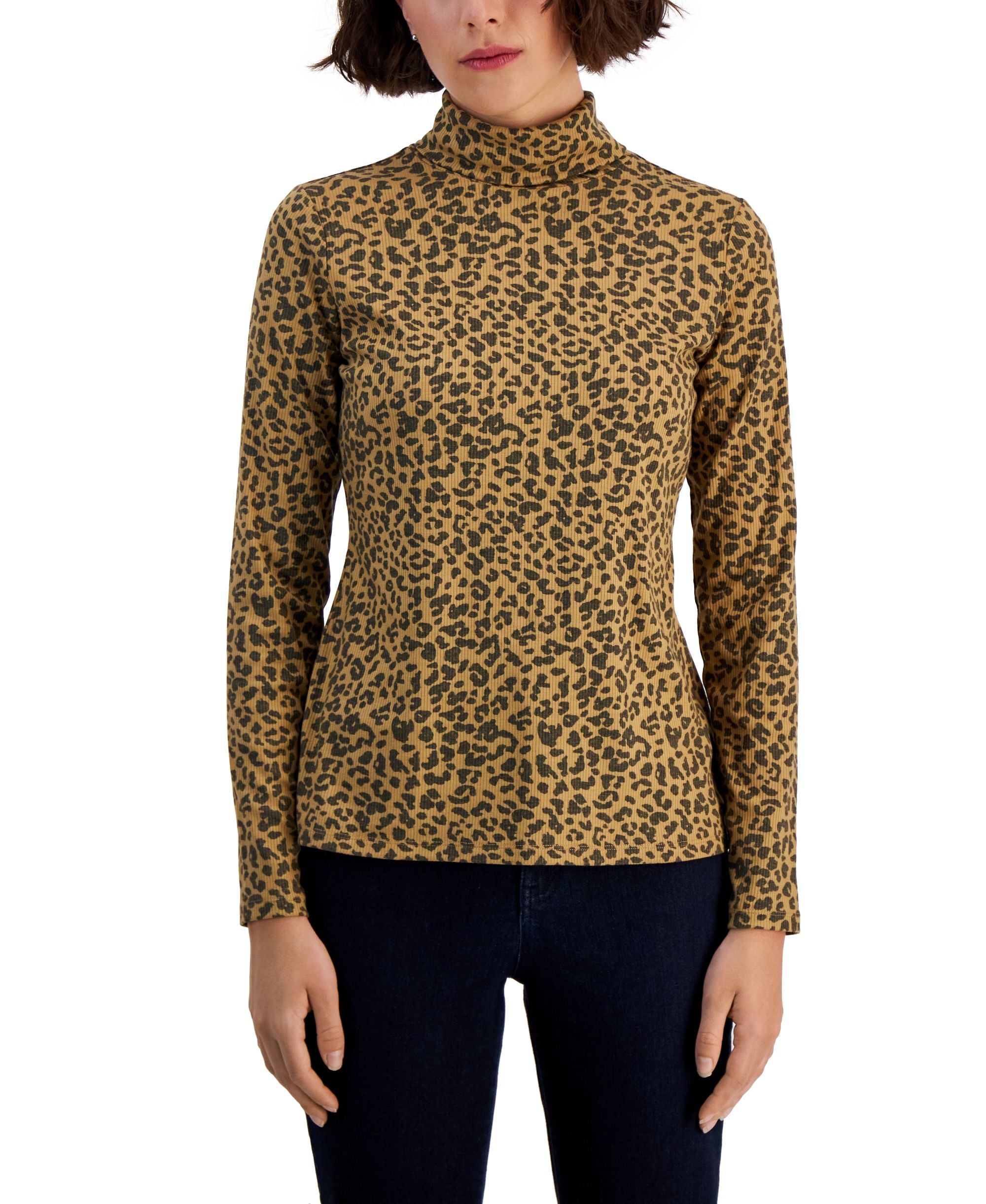 Style & Co Womens Animal Print Ribbed Turtleneck