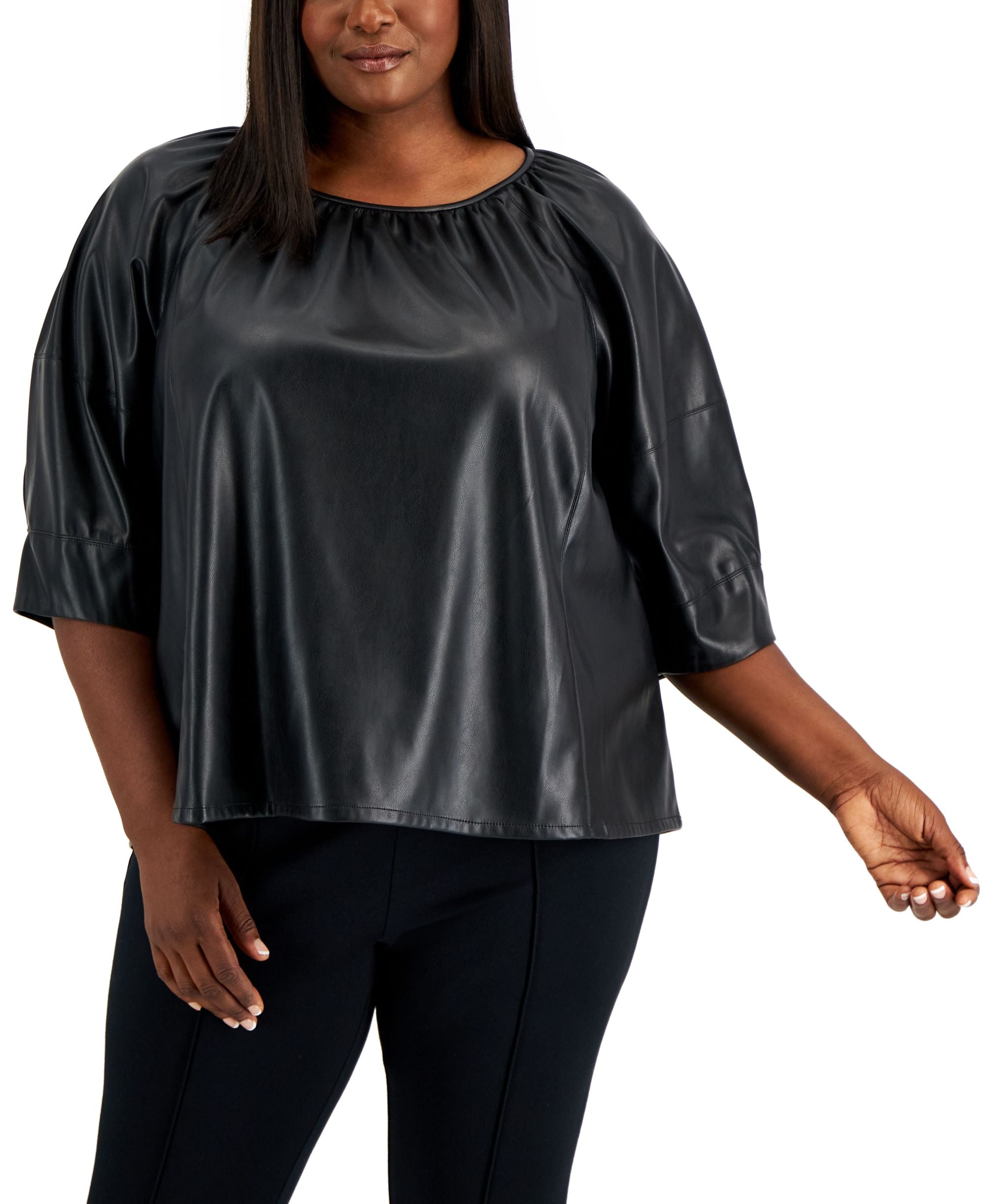 Calvin Klein Plus Size Faux Leather Elbow Sleeve Top