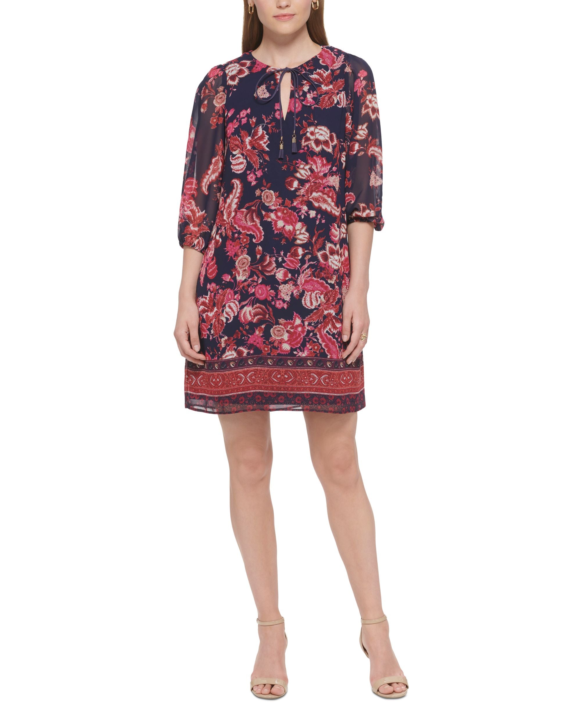 Vince Camuto Womens Printed Balloon Sleeve Chiffon Dress