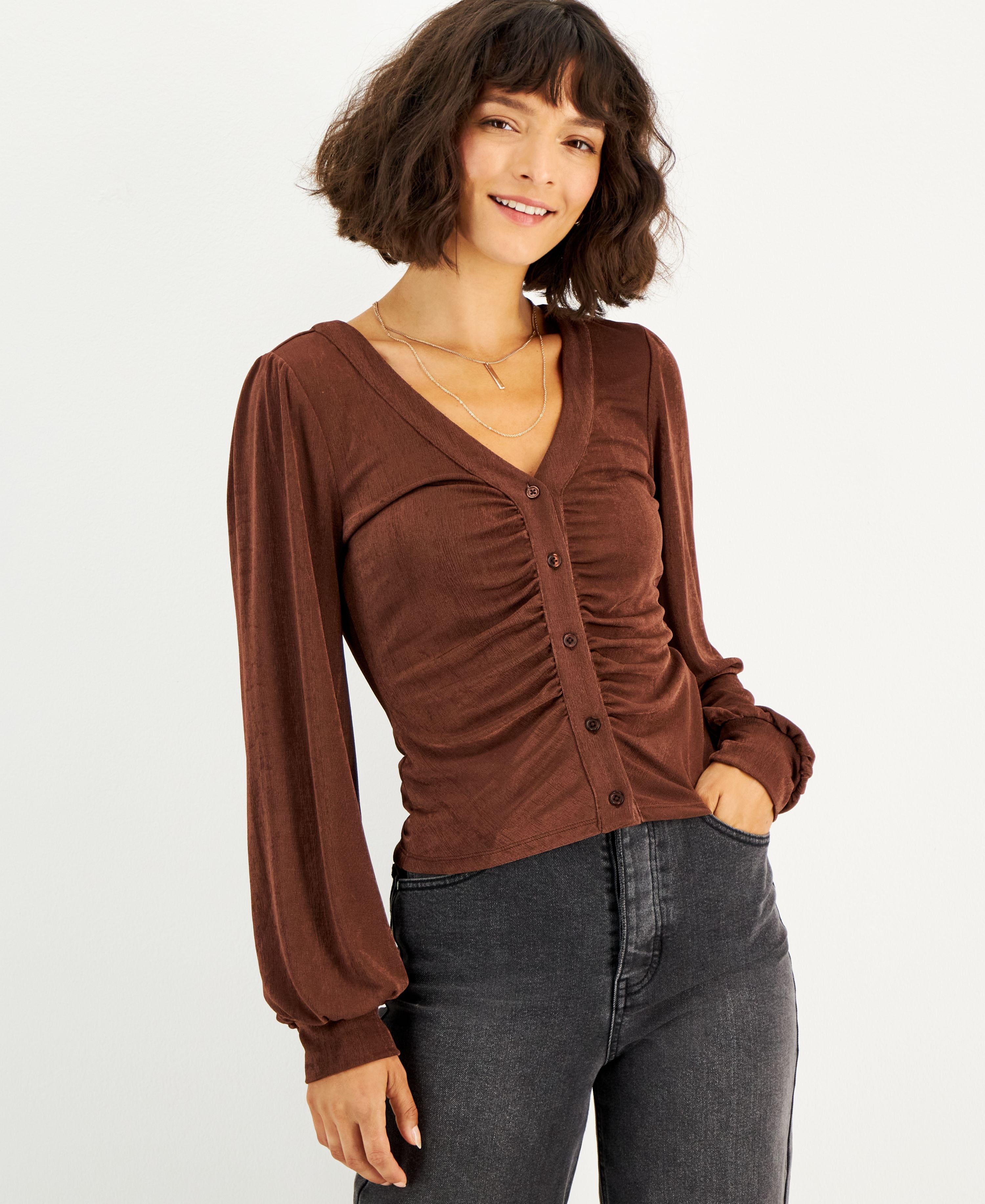 Juniors' Ruched-Front Blouson-Sleeve Blouse